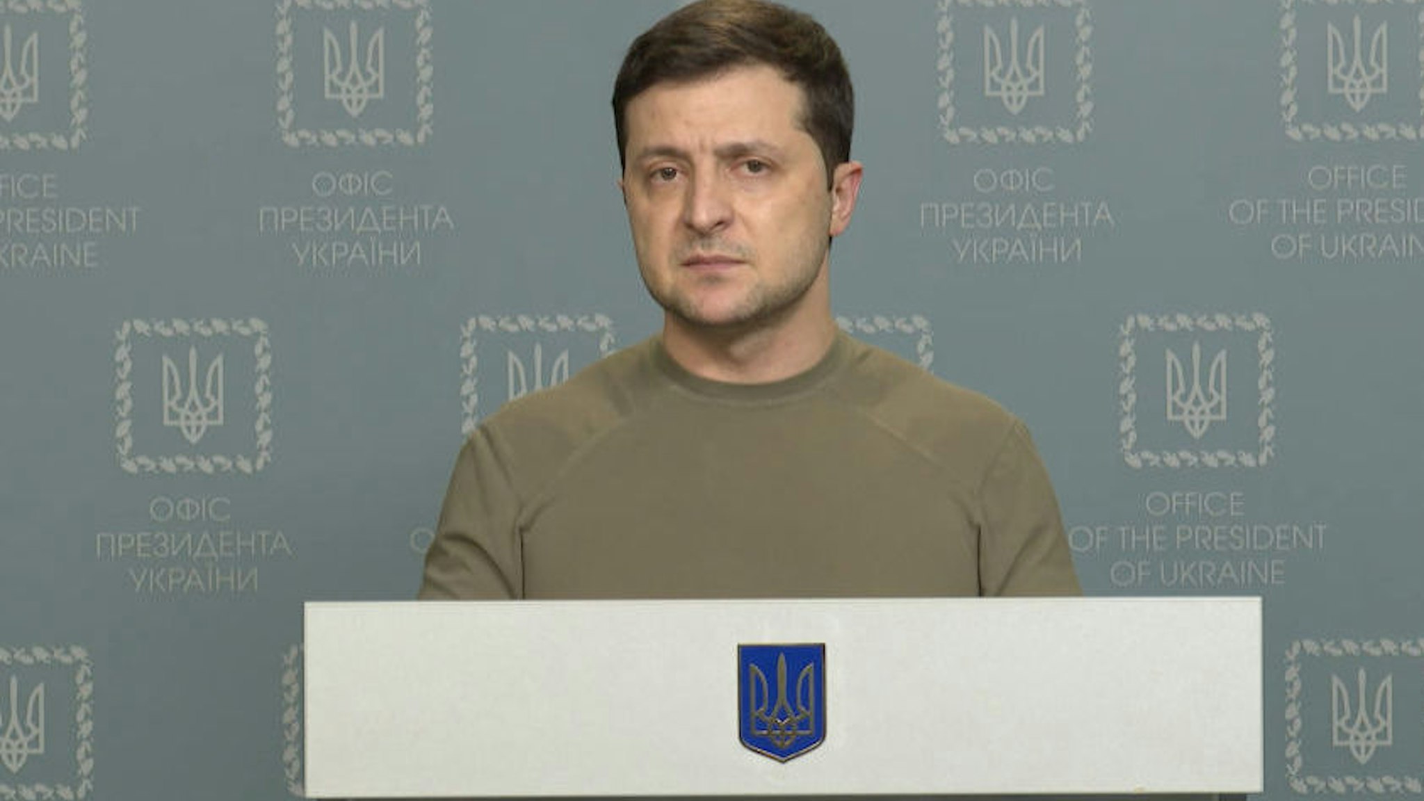 Ukrainian President Volodymyr Zelenskyy holds a press conference in regard of Russia's attack on Ukraine in Kiev, Ukraine on February 24, 2022.