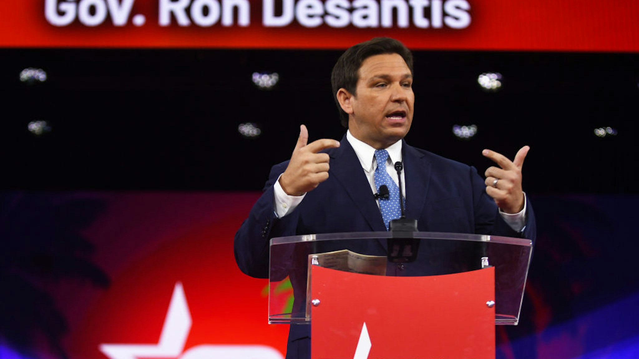 ORLANDO, FLORIDA, UNITED STATES - 2022/02/24: Florida Republican Governor Ron DeSantis addresses attendees on day one of the 2022 Conservative Political Action Conference (CPAC) in Orlando. Former U.S. President Donald Trump is also scheduled to speak at the four-day gathering of conservatives. (Photo by Paul Hennessy/SOPA Images/LightRocket via Getty Images)