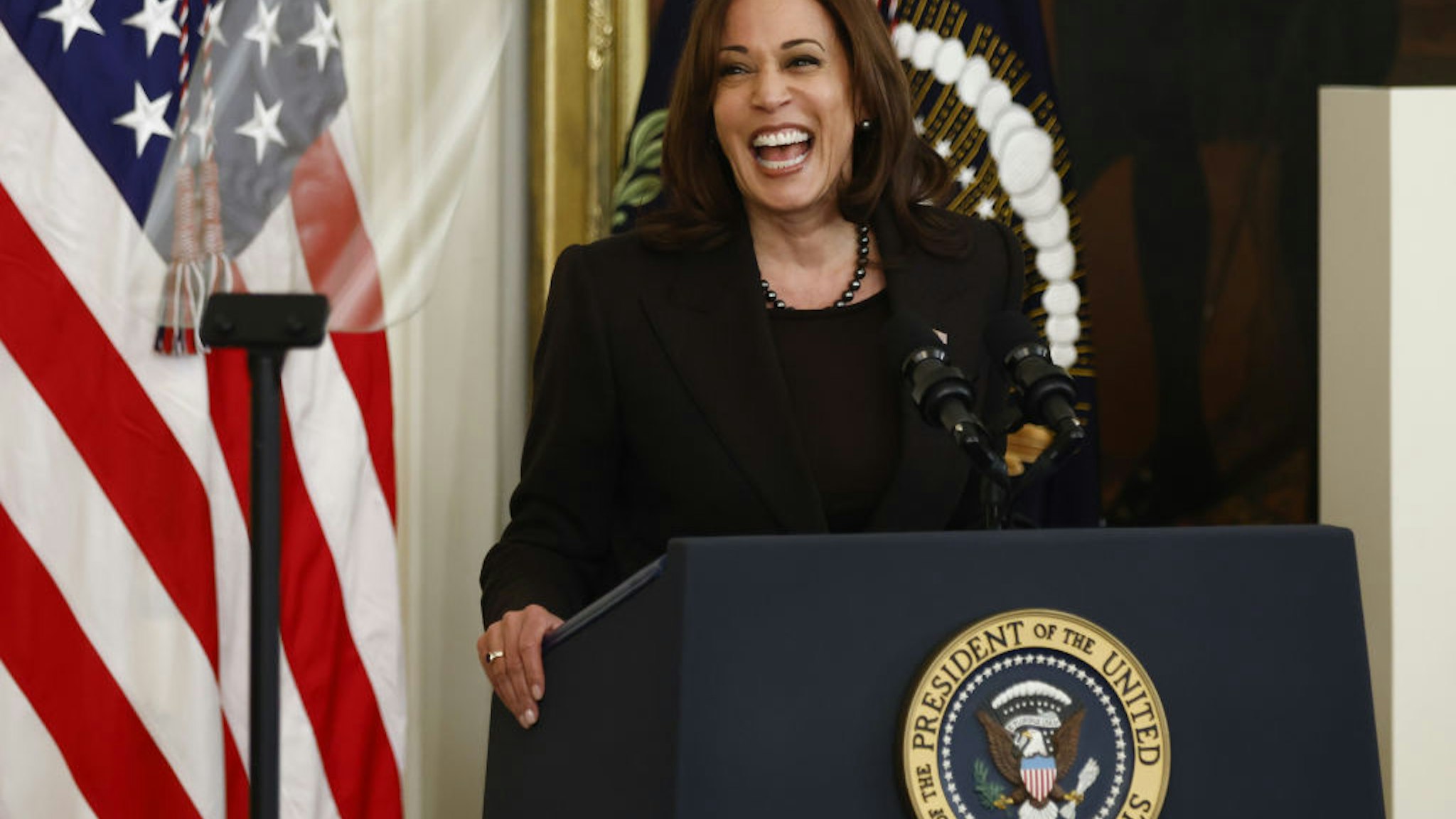 U.S. Vice President Kamala Harris speaks during a Black History Month celebration in the East Room of the White House in Washington, D.C., U.S., on Monday, Feb. 28, 2022. Members of the Congressional Black Caucus, Civil Rights leaders and Divine Nine leadership were also in attendance Photographer: Ting Shen/Bloomberg via Getty Images