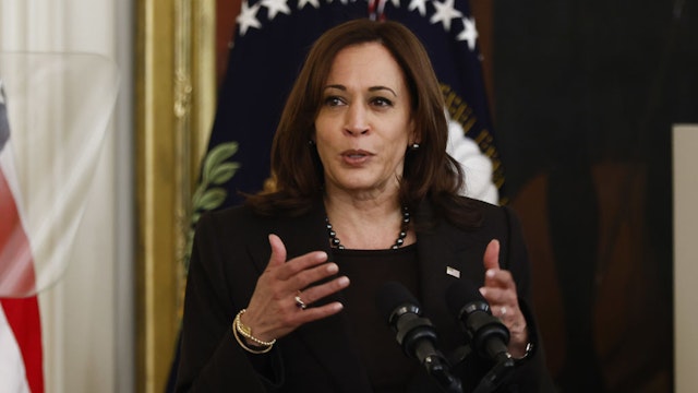 U.S. Vice President Kamala Harris speaks during a Black History Month celebration in the East Room of the White House in Washington, D.C., U.S., on Monday, Feb. 28, 2022. Members of the Congressional Black Caucus, Civil Rights leaders and Divine Nine leadership were also in attendance Photographer: Ting Shen/Bloomberg via Getty Images