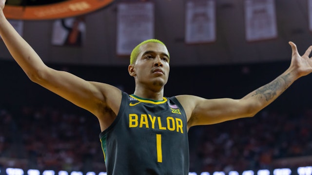 AUSTIN, TX - FEBRUARY 28: Baylor Bears forward Jeremy Sochan (1) defends an inbounds play during the first half of the game between Texas Longhorns and Baylor Bears on February 28, 2022, at Frank Erwin Center in Austin, TX. (Photo by David Buono/Icon Sportswire via Getty Images)
