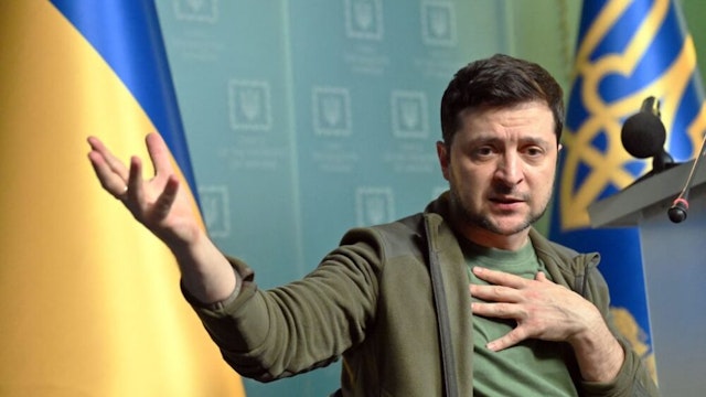 Ukrainian President Volodymyr Zelensky gestures as he speaks during a press conference in Kyiv on March 3, 2022. - Ukraine President Volodymyr Zelensky called on the West on March 3, 2022, to increase military aid to Ukraine, saying Russia would advance on the rest of Europe otherwise. "If you do not have the power to close the skies, then give me planes!" Zelensky said at a press conference. "If we are no more then, God forbid, Latvia, Lithuania, Estonia will be next," he said, adding: "Believe me."