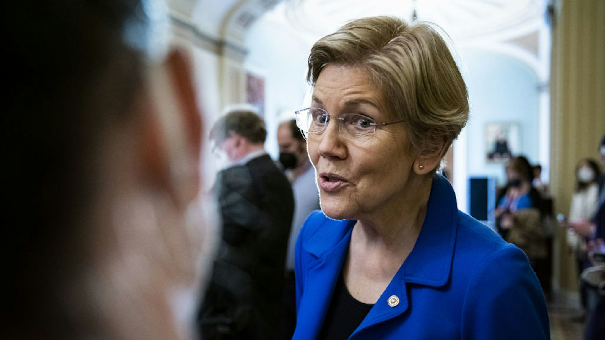 Senator Elizabeth Warren, a Democrat from Massachusetts, speaks with members of the media following the Senate Democrats policy luncheon at the U.S. Capitol in Washington, D.C., U.S., on Tuesday, March 8, 2022.