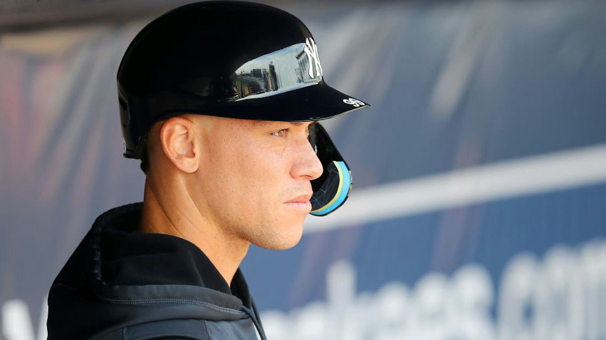 TAMPA, FL - MARCH 15: Aaron Judge (99) looks out onto the field during the Yankees spring training workout on March 15, 2022, at Steinbrenner Field in Tampa, FL. (Photo by Cliff Welch/Icon Sportswire via Getty Images)