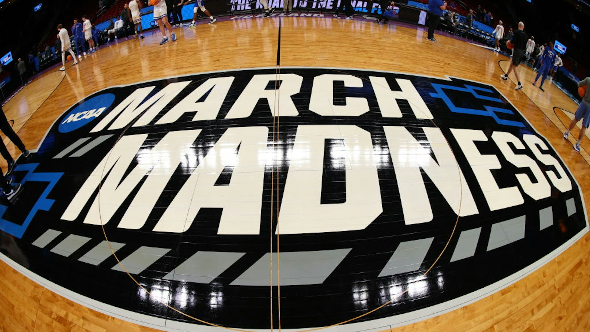 PORTLAND, OR - MARCH 17: The March Madness logo is shown on the floor of the Moda Center before the Boise State Broncos take on the Memphis Tigers in the first round of the 2022 NCAA Men's Basketball Tournament on March 17, 2022 in Portland, Oregon. (Photo by Jamie Schwaberow/NCAA Photos via Getty Images)