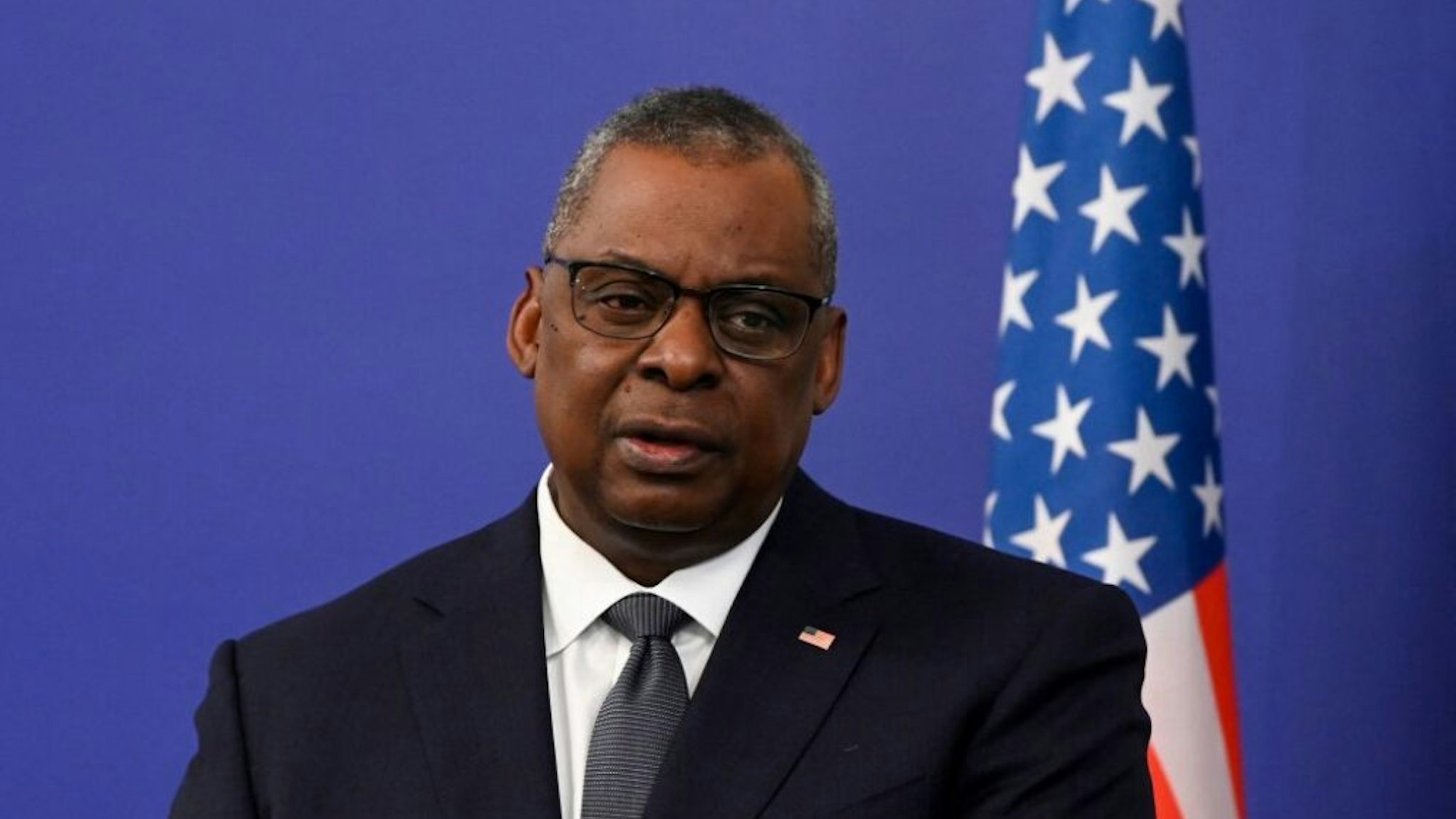 US Secretary of Defence Lloyd Austin speaks during a joint press conference with Bulgarian Prime Minister in Sofia, on March 19, 2022.