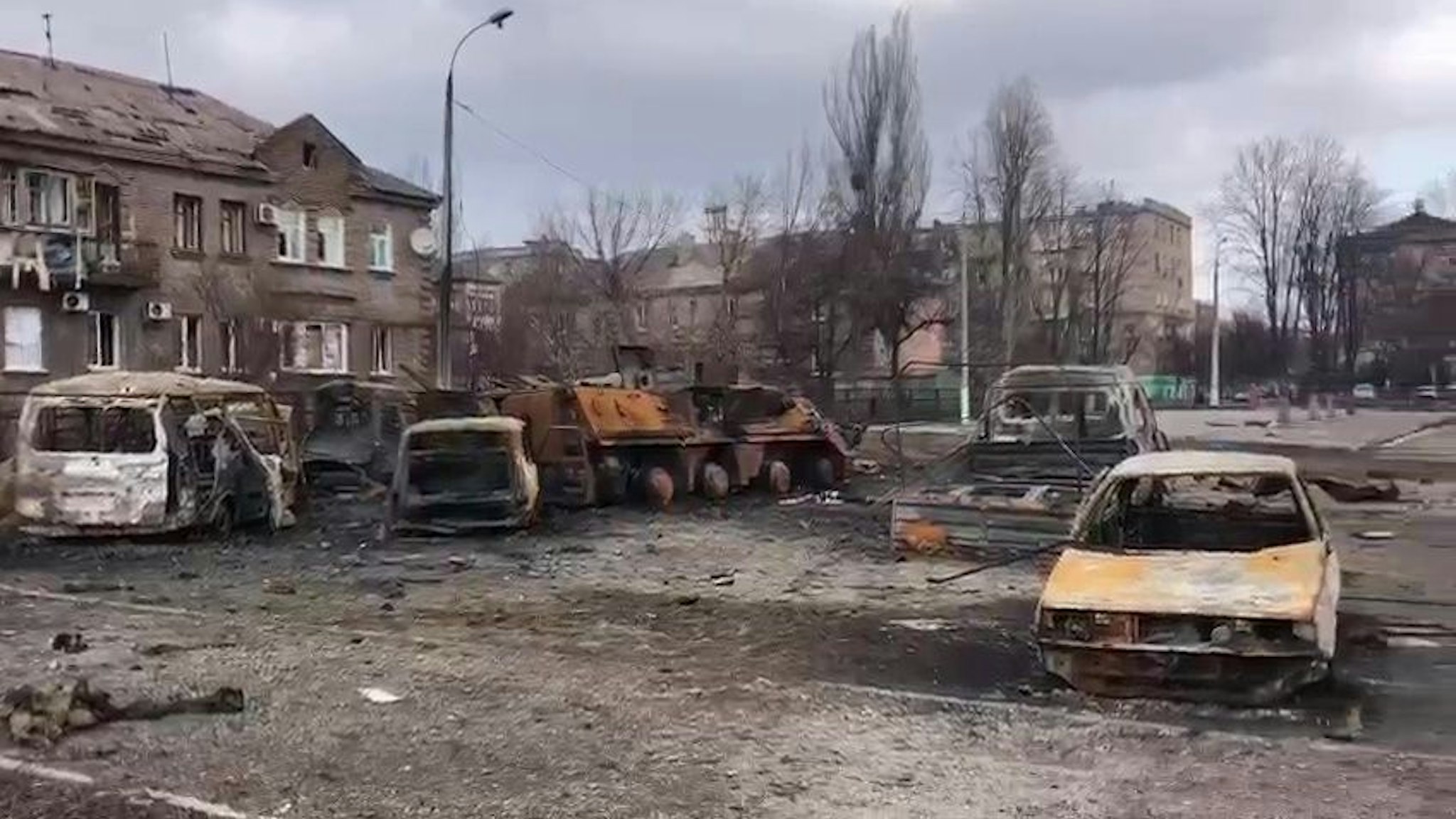 MARIUPOL, UKRAINE - MARCH 21: A screen grab captured from a video shows destroyed buildings and vehicles after Russian attacks in Mariupol, Ukraine on March 21, 2022. (Photo by AA/Anadolu Agency via Getty Images)