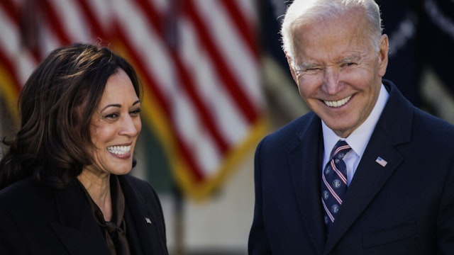 U.S. President Joe Biden and U.S. Vice President Kamala Harris after Biden signed H.R. 55, the "Emmett Till Antilynching Act," during a ceremony in the Rose Garden of the White House in Washington, D.C., U.S., on Tuesday, March 29, 2022. The measure, that makes lynching a federal hate crime, is named for Emmett Till who was lynched at age 14 in 1955 in Mississippi.