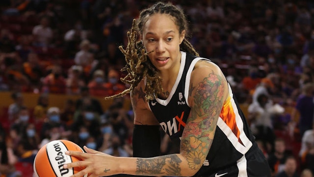 TEMPE, ARIZONA - OCTOBER 03: Brittney Griner #42 of the Phoenix Mercury handles the ball during Game Three of the 2021 WNBA semifinals at Desert Financial Arena on October 03, 2021 in Tempe, Arizona. The Mercury defeated the Aces 87-60. (Photo by Christian Petersen/Getty Images)