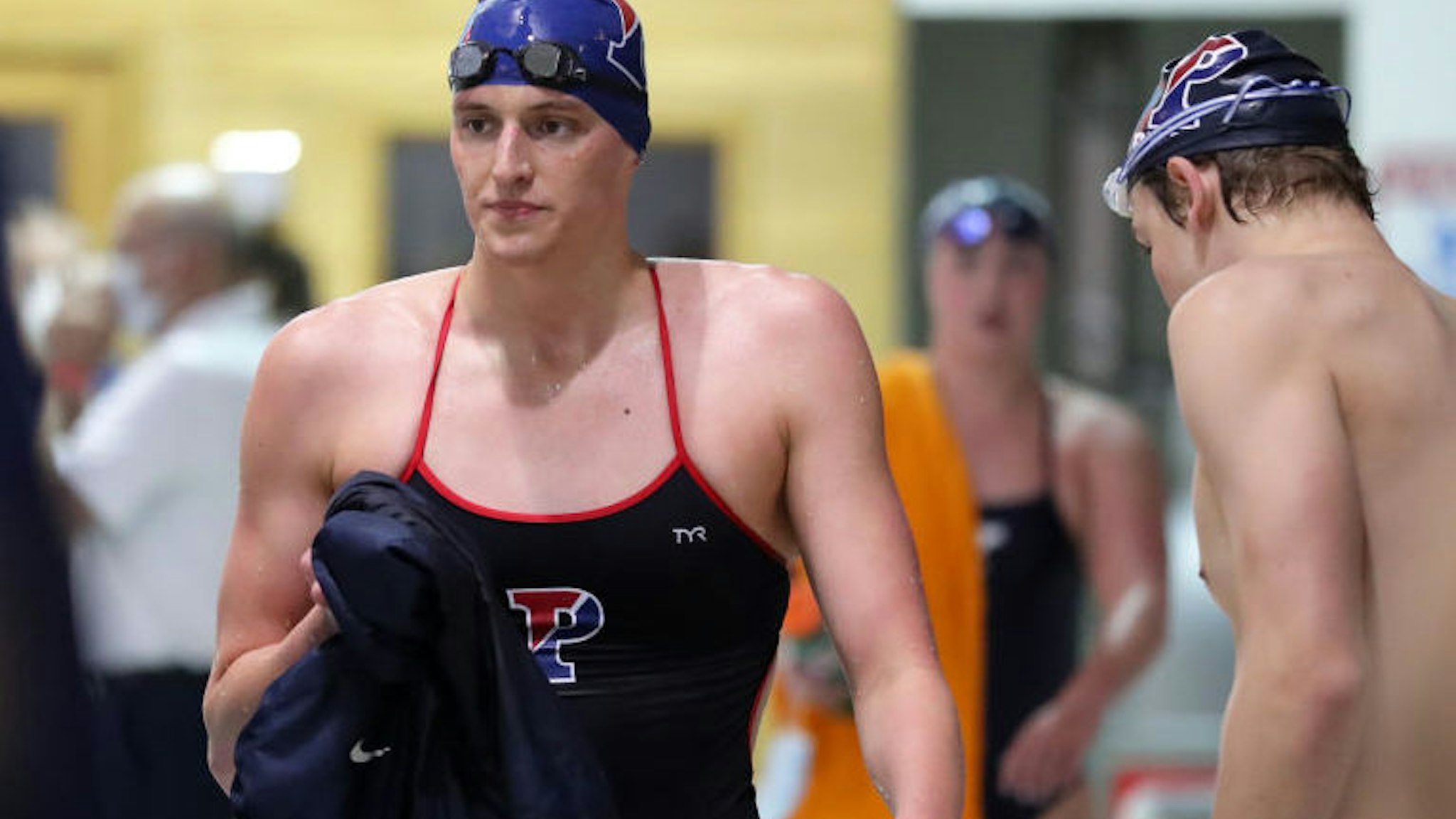 Lia Thomas of the Pennsylvania Quakers after winning the 500 meter freestyle event during a tri-meet against the Yale Bulldogs and the Dartmouth Big Green at Sheerr Pool on the campus of the University of Pennsylvania on January 8, 2022 in Philadelphia, Pennsylvania.