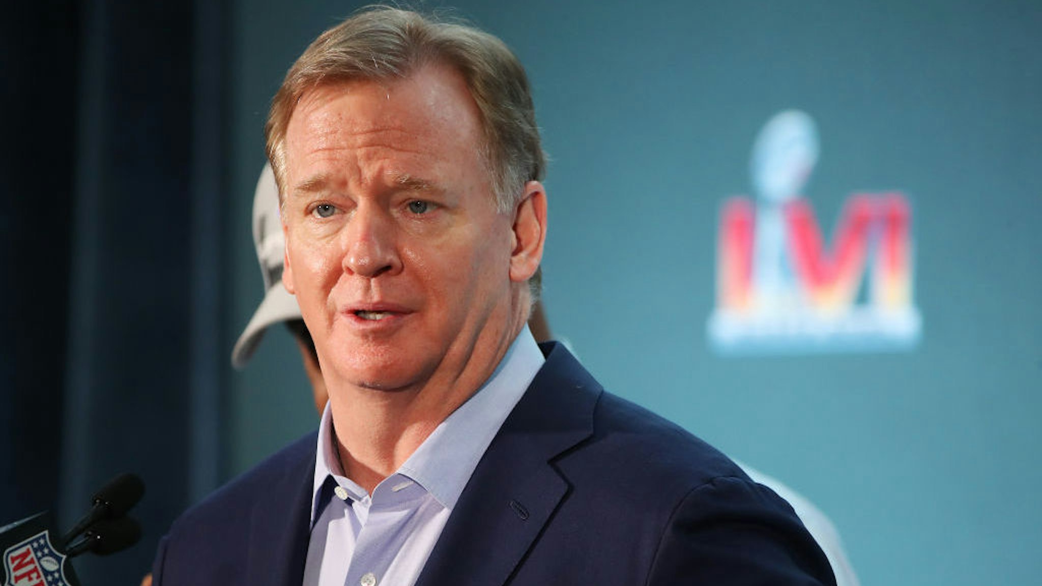 LOS ANGELES, CALIFORNIA - FEBRUARY 14: NFL Commissioner Roger Goodell speaks to the media during the Super Bowl LVI head coach and MVP press conference at Los Angeles Convention Center on February 14, 2022 in Los Angeles, California. (Photo by Katelyn Mulcahy/Getty Images)