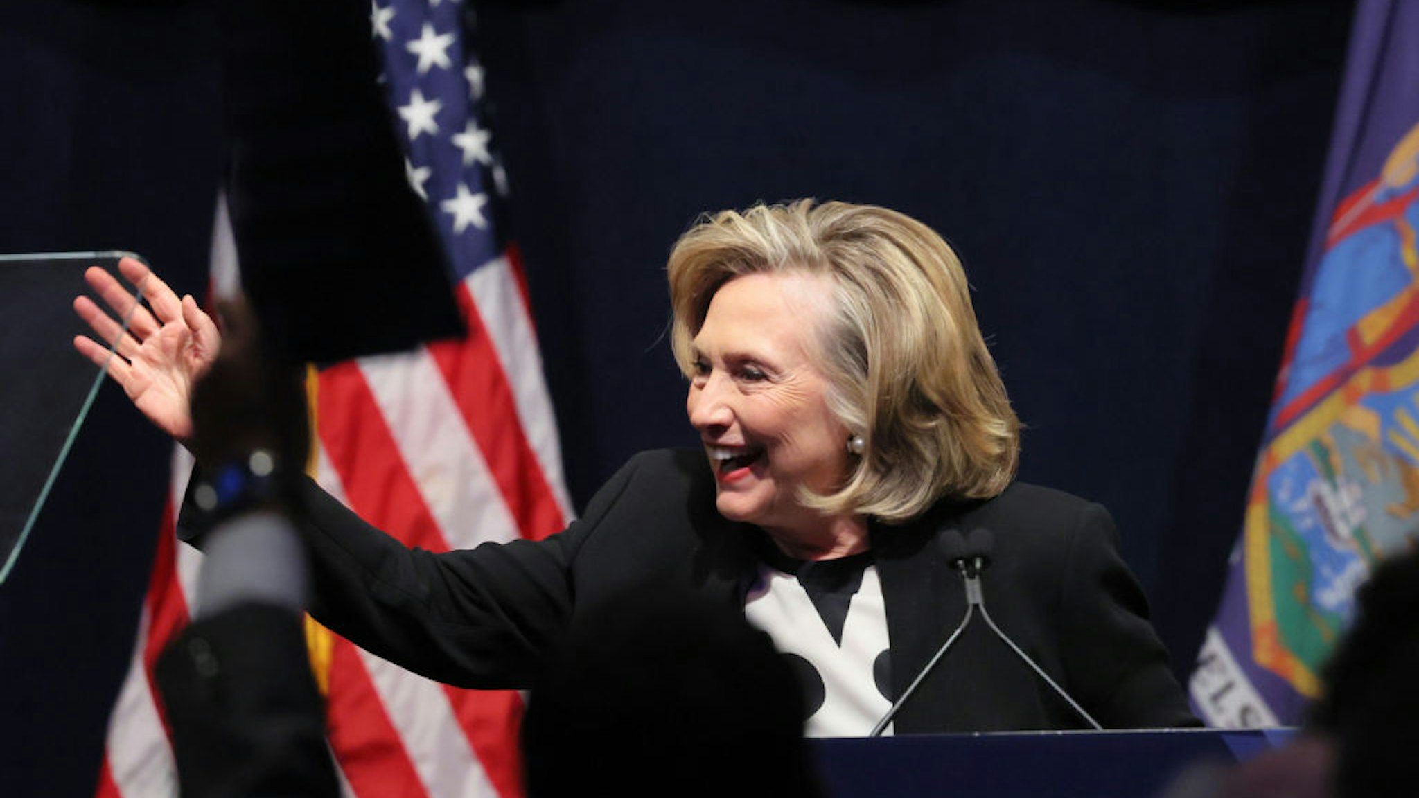 NEW YORK, NEW YORK - FEBRUARY 17:Former Secretary of State Hillary Clinton waves as she prepares to speak during the 2022 New York State Democratic Convention at the Sheraton New York Times Square Hotel on February 17, 2022 in New York City. Former Secretary of State Hillary Clinton gave the keynote address during the second day of the NYS Democratic Convention where the party organized the party's platform and nominated candidates for statewide offices that will be on the ballot this year including the nomination of Gov. Kathy Hochul and her Lt. Gov. Brian Benjamin. (Photo by Michael M. Santiago/Getty Images)