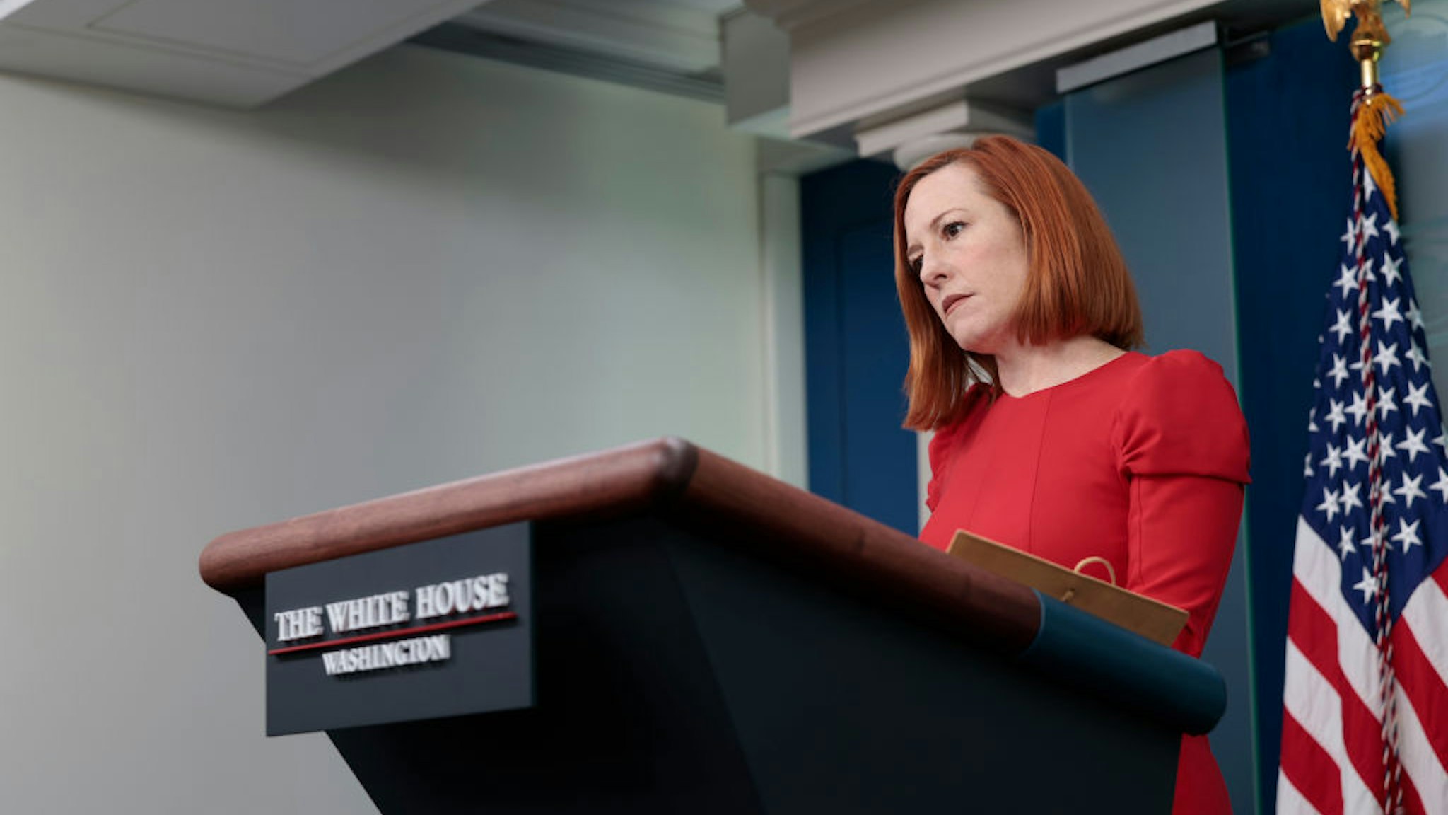 WASHINGTON, DC - MARCH 03: White House press secretary Jen Psaki speaks during the daily press briefing in the James Brady Press Briefing Room on March 03, 2022 in Washington, DC. Psaki took questions about U.S. President Joe Biden's secure video call with fellow Quad Leaders and the comments House Speaker Nancy Pelosi (D-CA) made about banning the import of Russian oil. (Photo by Anna Moneymaker/Getty Images)