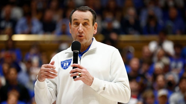 DURHAM, NORTH CAROLINA - MARCH 05: Head coach Mike Krzyzewski of the Duke Blue Devils gives a speech after coaching his final game against the North Carolina Tar Heels at Cameron Indoor Stadium on March 05, 2022 in Durham, North Carolina. (Photo by Jared C. Tilton/Getty Images)