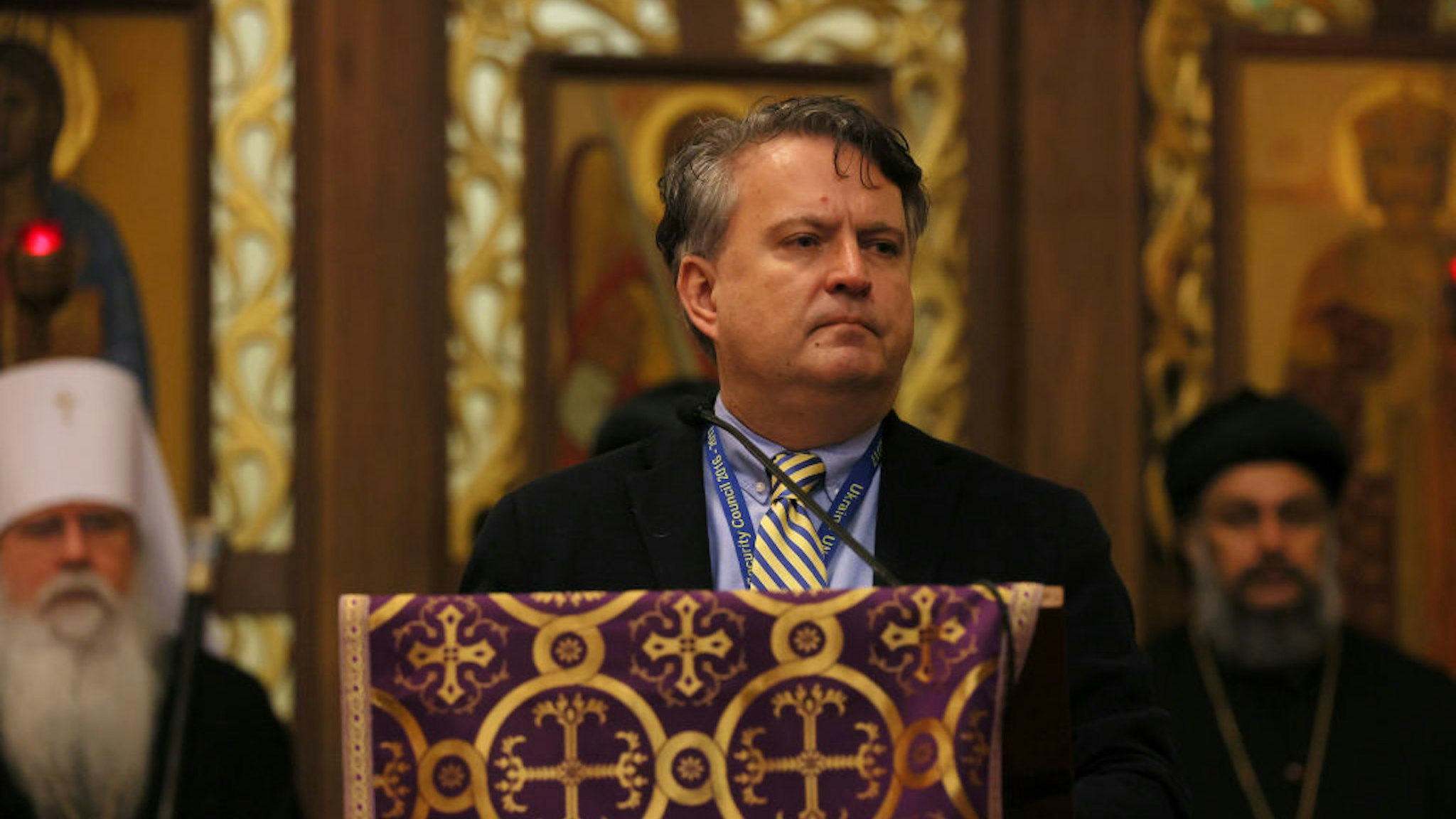 NEW YORK, NEW YORK - MARCH 09: Sergiy Kyslytsya, Permanent Representative of Ukraine to the United Nations, speaks during a prayer service for Ukraine at St.Volodymyr Ukrainian Orthodox Cathedral on March 09, 2022 in New York City. On the 14th day of the Russian invasion of Ukraine, the St.Volodymyr Ukrainian Orthodox Cathedral held prayer vigil attended by the Ukrainian community. Gov. Kathy Hochul, Sergiy Kyslytsya, Permanent Representative of Ukraine to the United Nations, and various religious and community leaders were in attendance. (Photo by Michael M. Santiago/Getty Images)