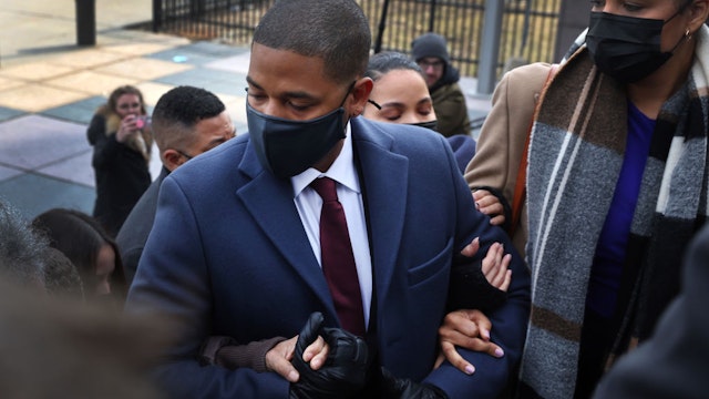 CHICAGO, ILLINOIS - MARCH 10: Former "Empire" actor Jussie Smollett arrives at the Leighton Criminal Courts Building for his sentencing hearing on March 10, 2022 in Chicago, Illinois. Smollett was found guilty last year of lying to police about a hate crime after he reported that two masked men physically attacked him, yelling racist and anti-gay remarks near his Chicago home in 2019. (Photo by Scott Olson/Getty Images)