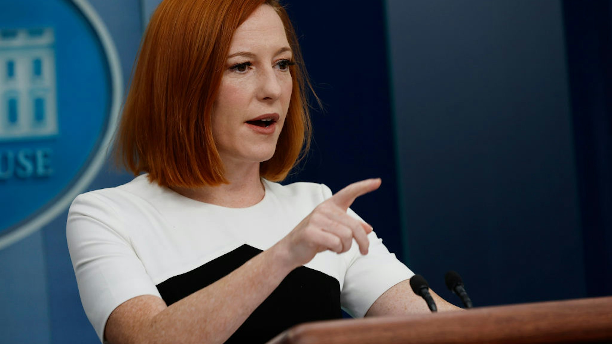 WASHINGTON, DC - MARCH 14: White House Press Secretary Jen Psaki talks to reporters during the daily news conference in the Brady Press Briefing Room at the White House on March 14, 2022 in Washington, DC. Psaki fielded questions about the ongoing invasion of Ukraine by Russia, Sen. Joe Manchin's opposition to Sarah Bloom Raskin’s nomination to the Federal Reserve Board, and other topics. (Photo by Chip Somodevilla/Getty Images)