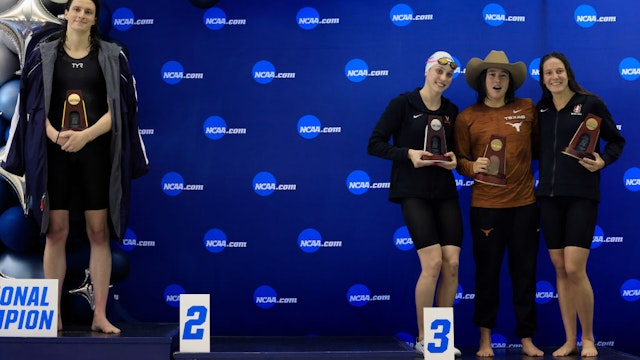 ATLANTA, GEORGIA - MARCH 17: Transgender woman Lia Thomas (L) of the University of Pennsylvania stands on the podium after winning the 500-yard freestyle as other medalists (L-R) Emma Weyant, Erica Sullivan and Brooke Forde pose for a photo at the NCAA Division I Women's Swimming &amp; Diving Championshipon March 17, 2022 in Atlanta, Georgia. (Photo by Justin Casterline/Getty Images)