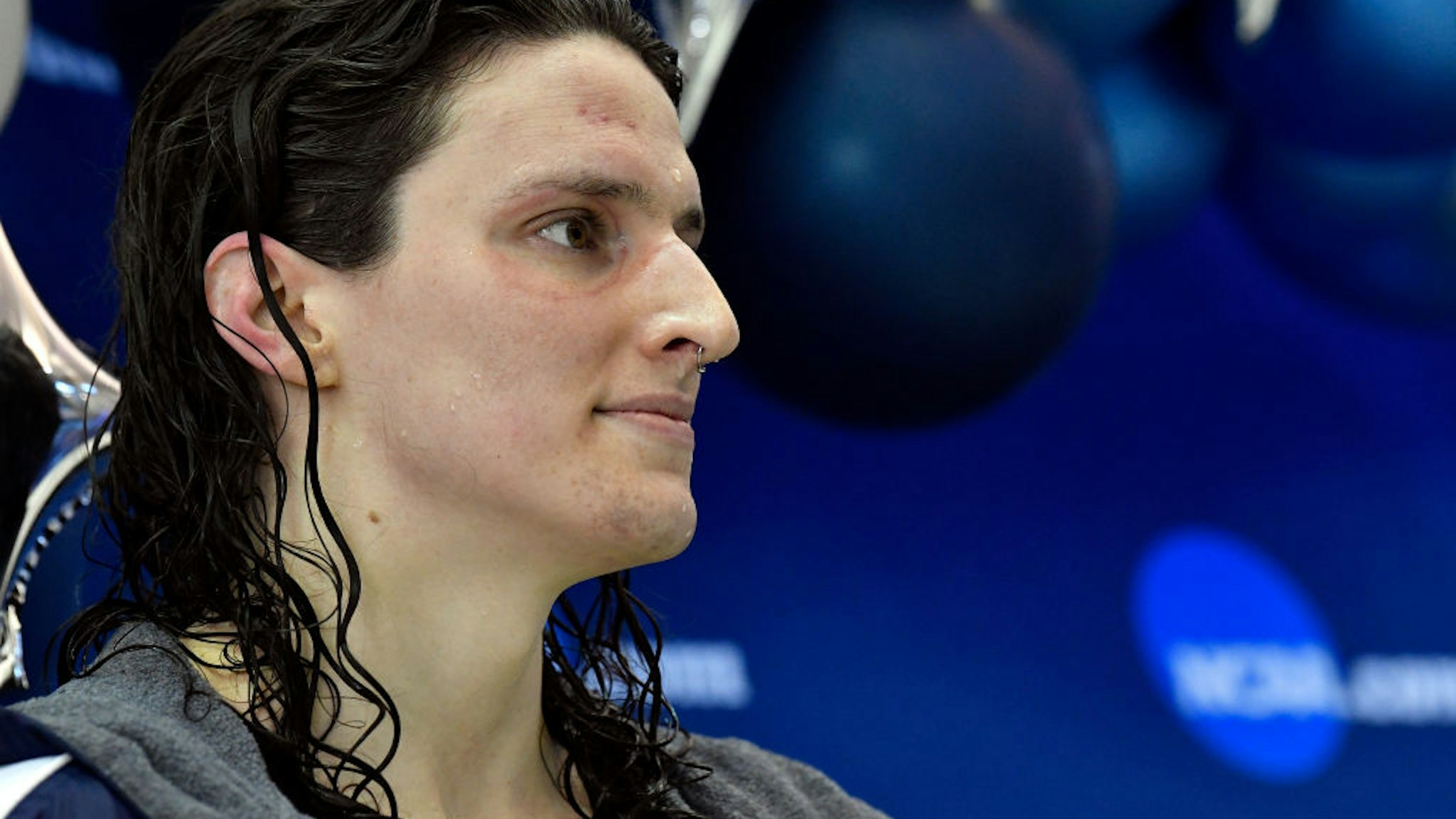 Lia Thomas looks on after winning the 500 Yard Freestyle during the 2022 NCAA Division I Women's Swimming & Diving Championship at the McAuley Aquatic Center on the campus of the Georgia Institute of Technology on March 17, 2022 in Atlanta, Georgia.
