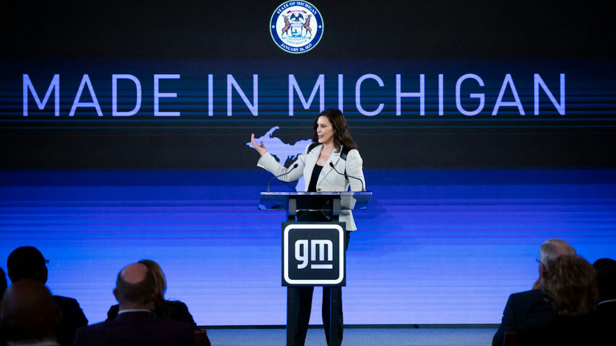 LANSING, MI - JANUARY 25: Michigan Governor Gretchen Whitmer speaks at an event at which General Motors announced they are making a $7 billion investment, the largest in the company’s history, in electric vehicle and battery production in the state of Michigan on January 25, 2022 in Lansing, Michigan. The investment will be used at 4 facilities in Michigan and will create 4,000 jobs. (Photo by Bill Pugliano/Getty Images)