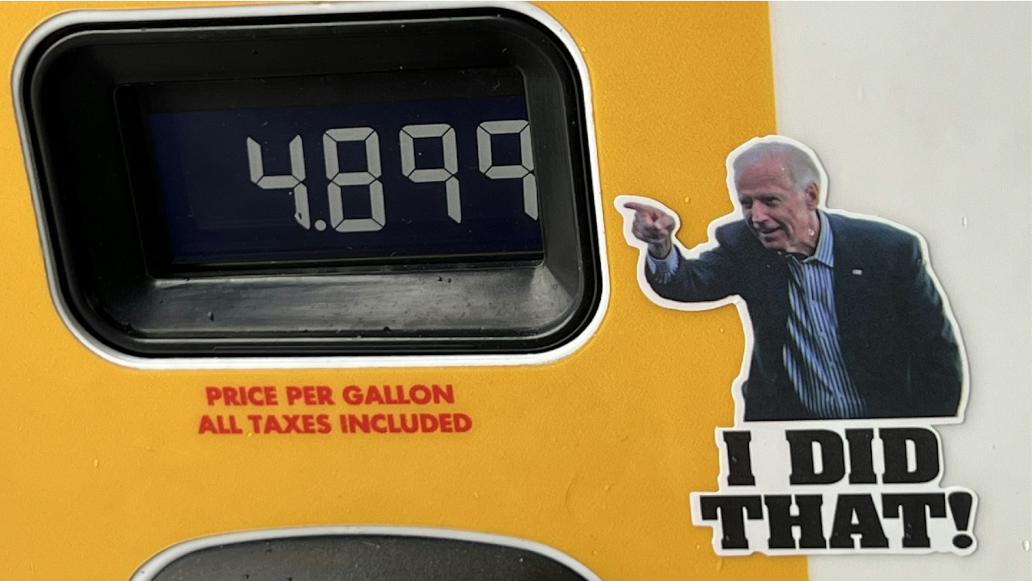 A satirical protest sticker critical of American President Joe Biden, with text reading I Did That, has been placed on a gasoline pump in Lafayette, California, likely to imply responsibility for high gasoline prices, December 29, 2021.
