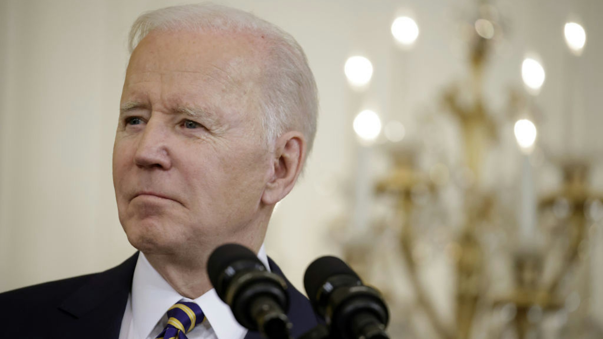 U.S. President Joe Biden during a joint statement with Lee Hsien Loong, Singapore's prime minister, not pictured, in the East Room of the White House in Washington, D.C., U.S., on Tuesday, March 29, 2022. Biden thanked Lee Hsien Loong for supporting Ukraine during a meeting this morning and said the two leaders would discuss U.S. strategy in the Indo-Pacific region. Photographer: Samuel Corum/Bloomberg