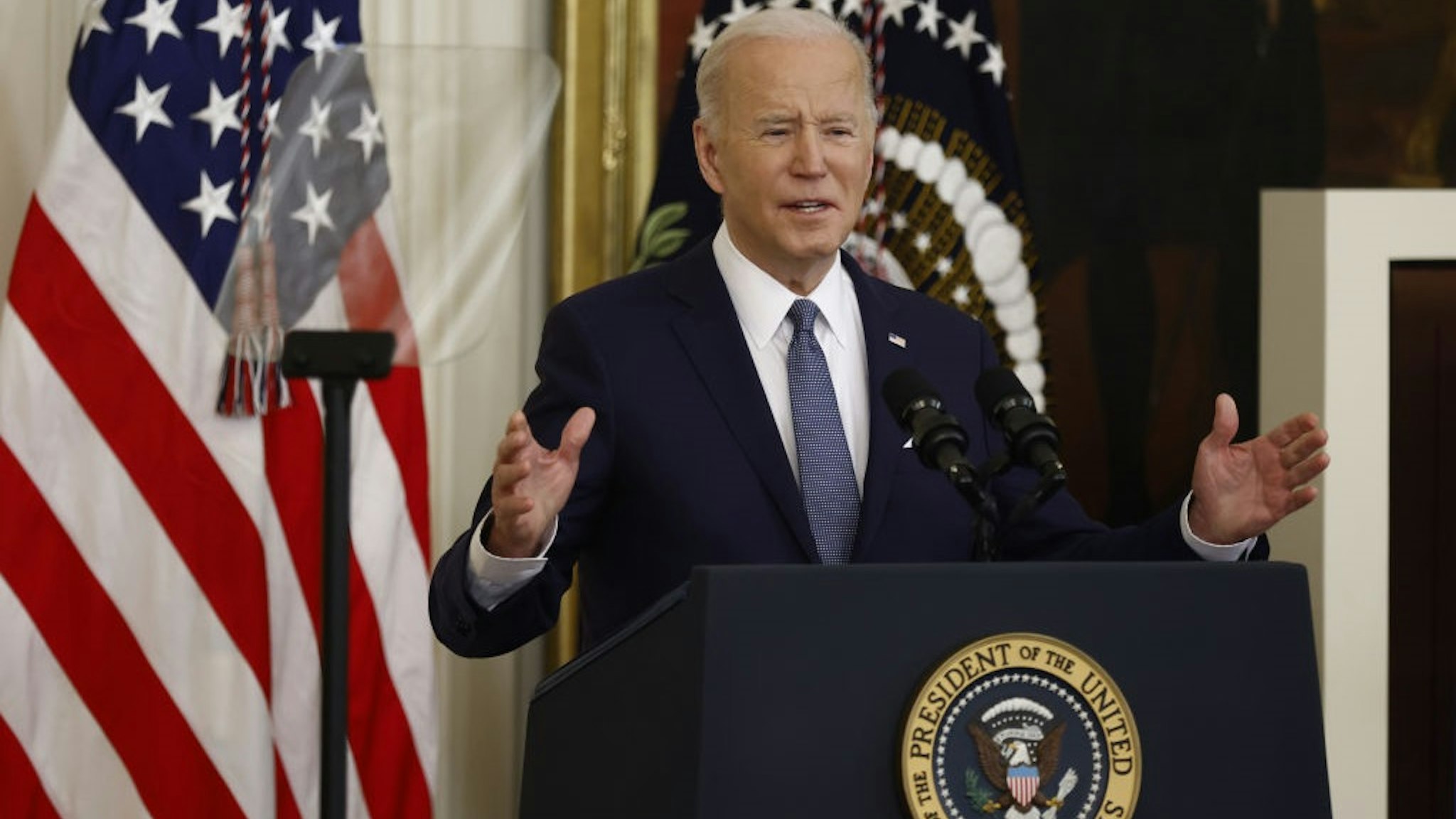 U.S. President Joe Biden speaks during a Black History Month celebration in the East Room of the White House in Washington, D.C., U.S., on Monday, Feb. 28, 2022.