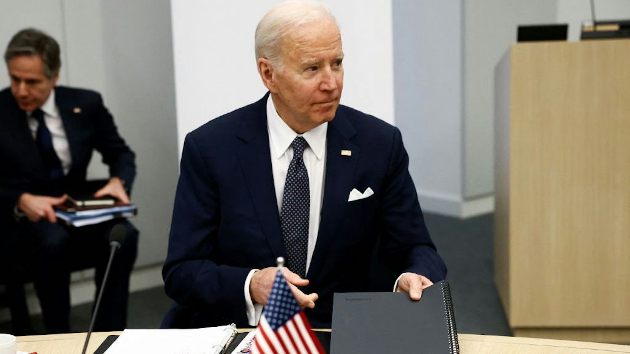 BRUSSELS, BELGIUM - MARCH 24: U.S. President Joe Biden attends a G7 leaders meeting during a NATO summit on Russia's invasion of Ukraine, at the alliance's headquarters in Brussels, on March 24, 2022 in Brussels, Belgium. Heads of State and Government take part in the North Atlantic Council (NAC) Summit. They will discuss the consequences of President Putin's invasion of Ukraine and the role of China in the crisis. Then decide on the next steps to strengthen NATO's deterrence and defence. (Photo Henry Nicholls - Pool/Getty Images)