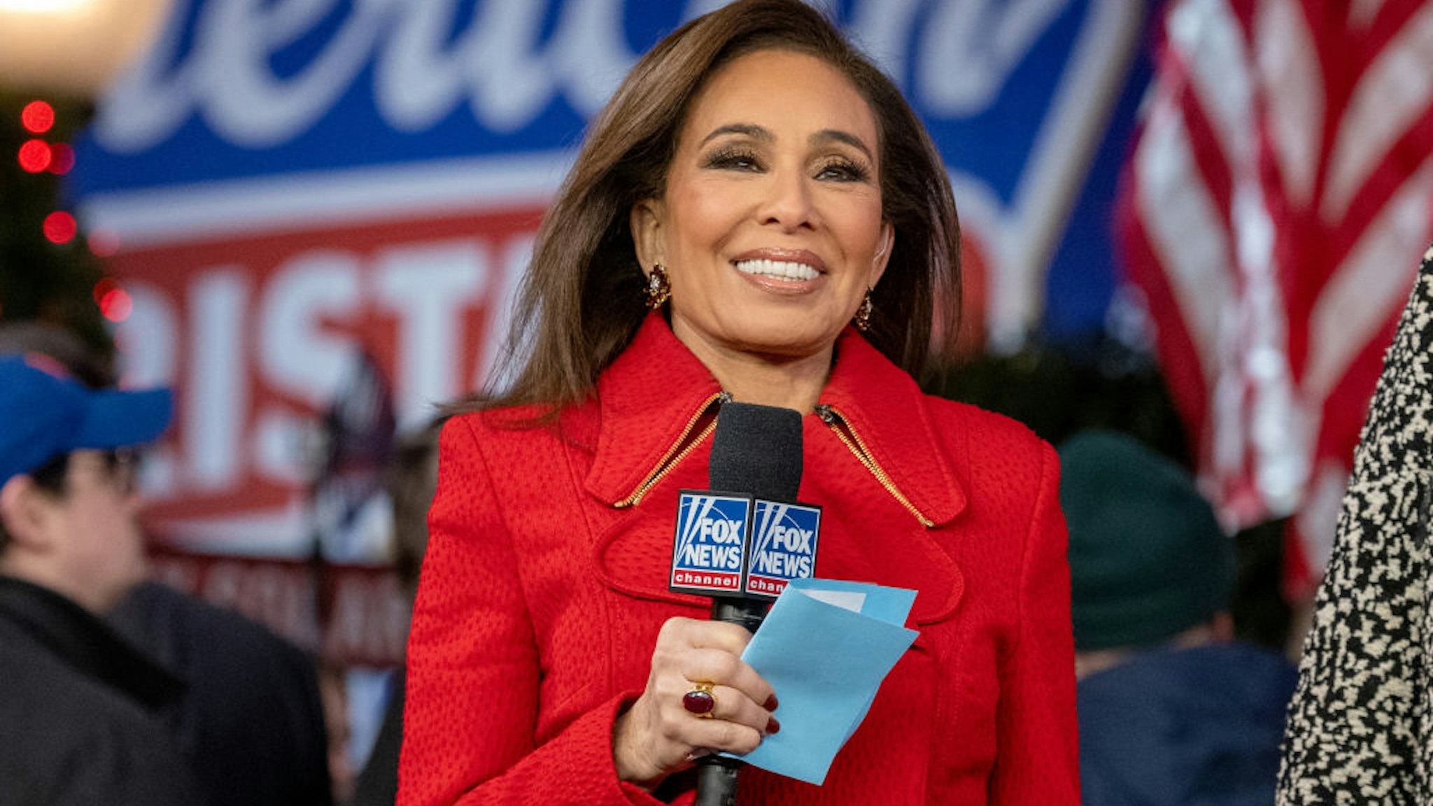 Jeanine Pirro attends the new All-American Christmas Tree lighting outside News Corporation at Fox Square on December 9, 2021 in New York City. The original 50-foot tree displayed on FOX Square in Midtown Manhattan was allegedly set on fire by a man during the early morning hours of December 8, 2021. He was later arrested