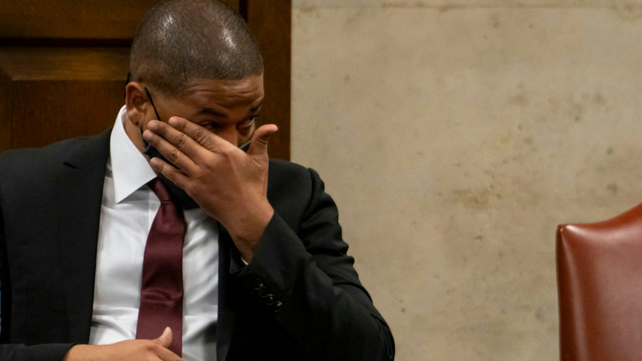 Actor Jussie Smollett tears up while listening to his brother testify at his sentencing hearing Thursday, March 10, 2022 at the Leighton Criminal Court Building. (Brian Cassella/Pool/Chicago Tribune)