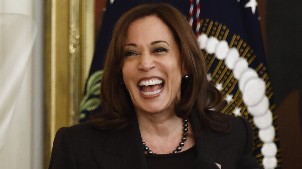 U.S. Vice President Kamala Harris speaks during a Black History Month celebration in the East Room of the White House in Washington, D.C., U.S., on Monday, Feb. 28, 2022. Members of the Congressional Black Caucus, Civil Rights leaders and Divine Nine leadership were also in attendance
