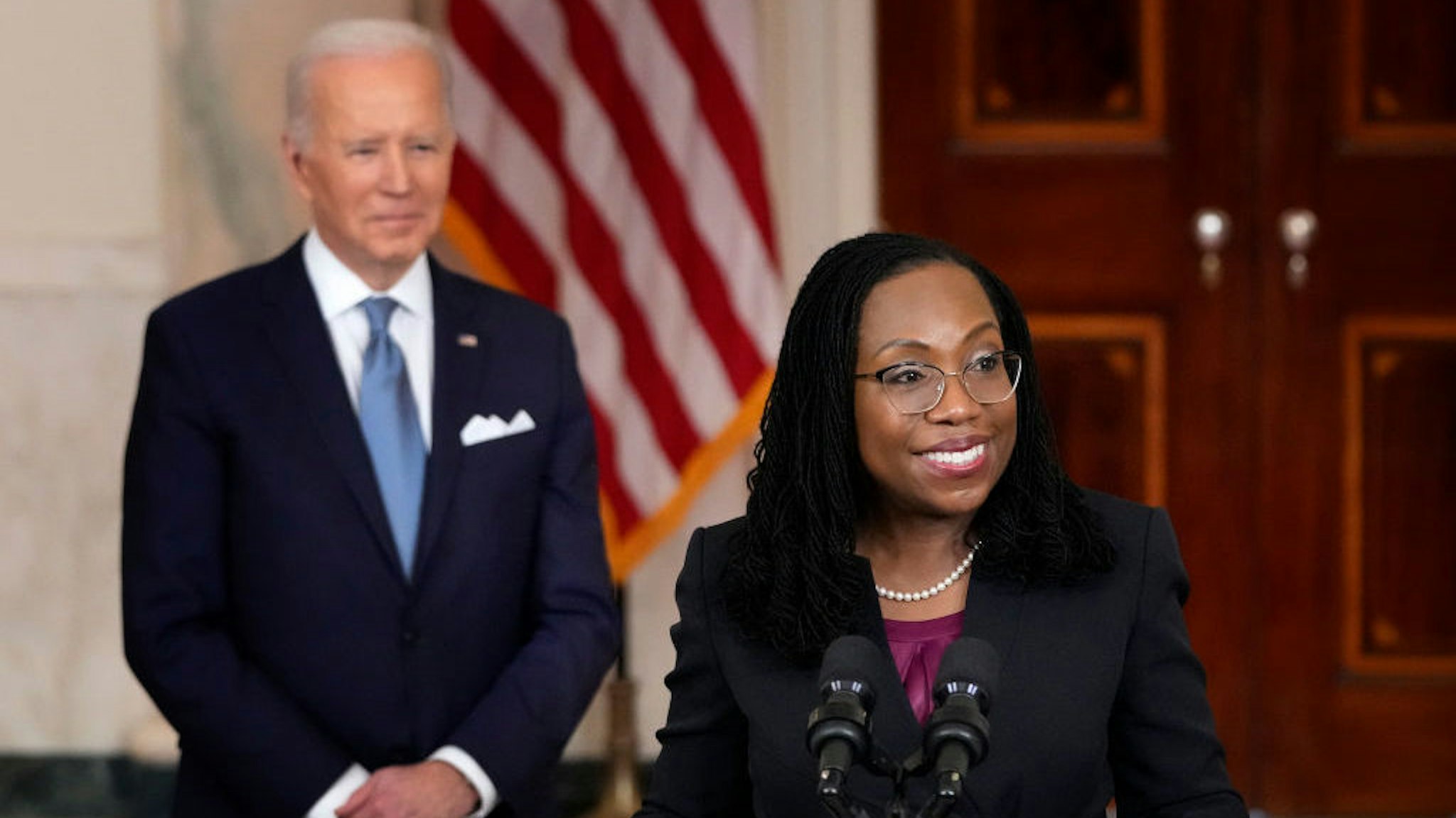 WASHINGTON, DC - FEBRUARY 25: Ketanji Brown Jackson, circuit judge on the U.S. Court of Appeals for the District of Columbia Circuit, makes brief remarks after U.S. President Joe Biden introduced her as his nominee to the U.S. Supreme Court during an event in the Cross Hall of the White House February 25, 2022 in Washington, DC. Pending confirmation, Judge Brown Jackson would succeed retiring Associate Justice Stephen Breyer and become the first-ever Black woman to serve on the high court. (Photo by Drew Angerer/Getty Images)