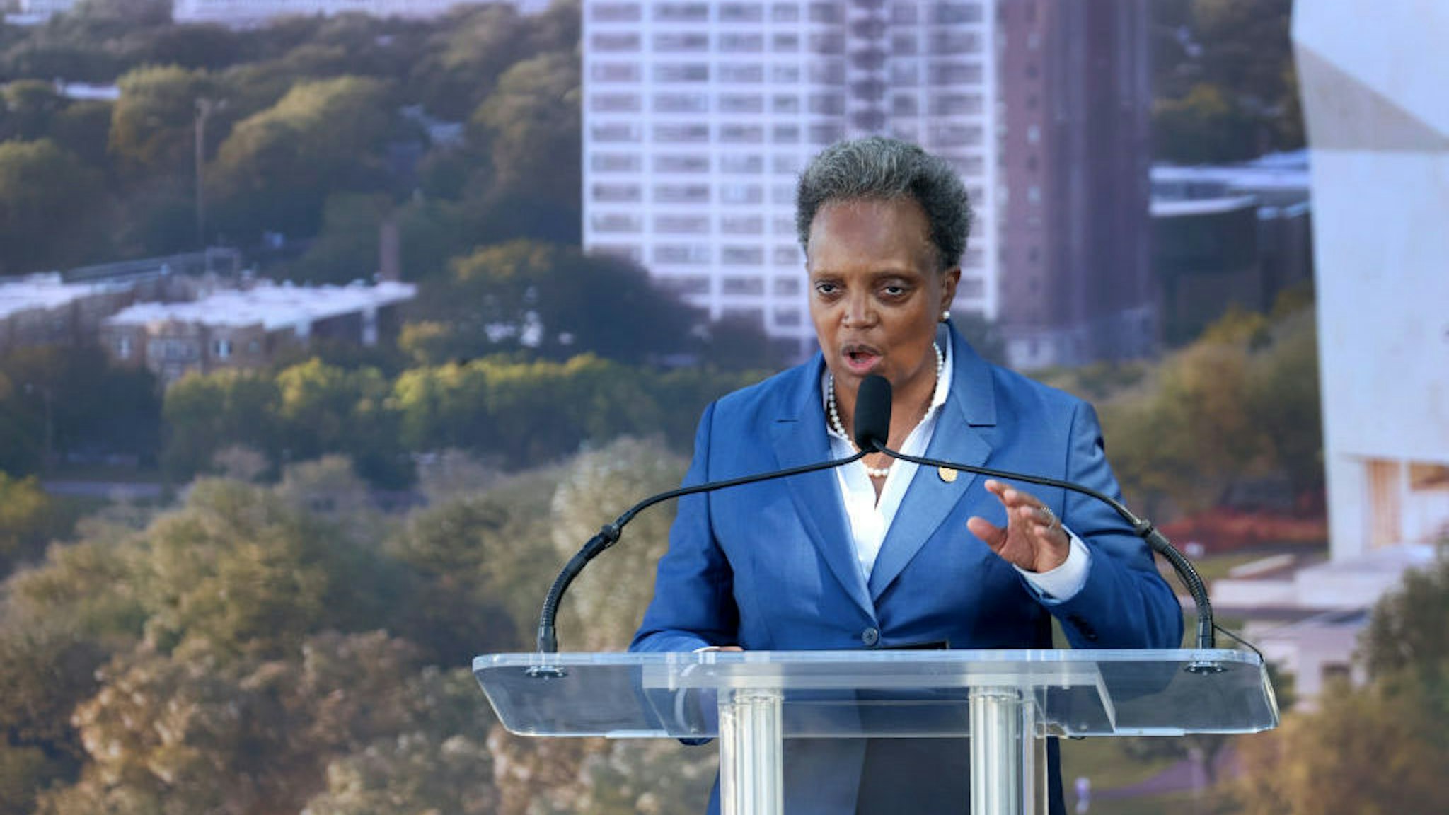CHICAGO, ILLINOIS - SEPTEMBER 28: Chicago mayor Lori Lightfoot speaks during a ceremonial groundbreaking at the Obama Presidential Center in Jackson Park on September 28, 2021 in Chicago, Illinois. Construction of the center was delayed by a long legal battle undertaken by residents who objected to the center being built in a city park. (Photo by Scott Olson/Getty Images)