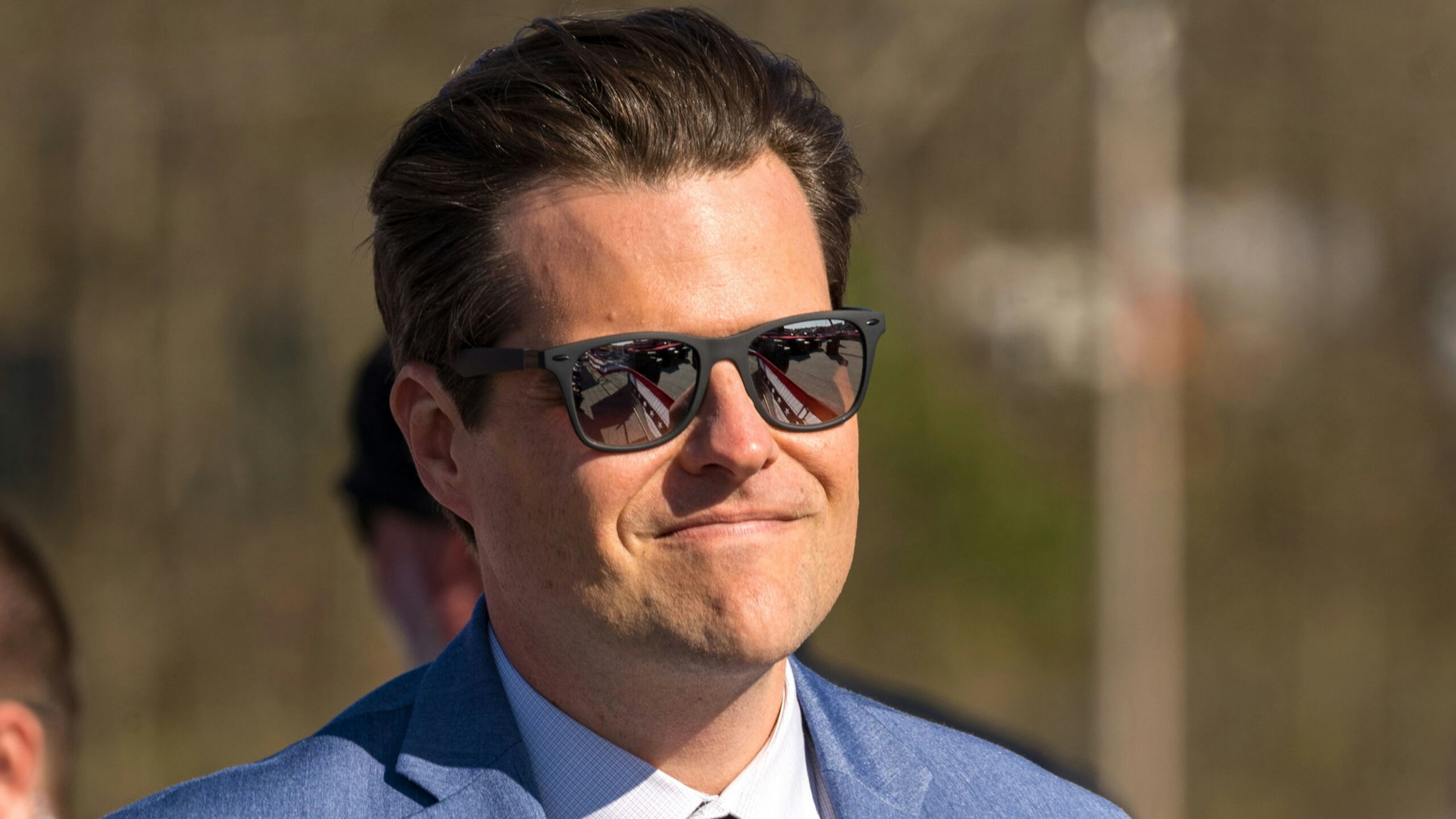 COMMERCE, GA - MARCH 26: Rep. Matt Gaetz (R-FL) waves to supporters of former U.S. President Donald Trump during a rally at the Banks County Dragway on March 26, 2022 in Commerce, Georgia. This event is a part of Trump's Save America Tour around the United States.