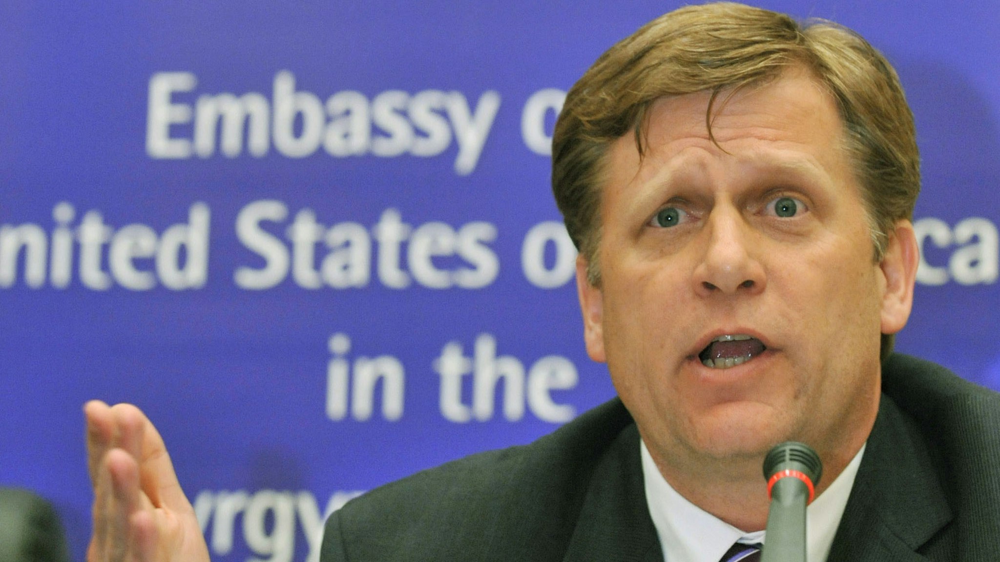 US special Assistant to the President for National Security Michael McFaul speaks during the press conference in Bishkek on May 4, 2010.