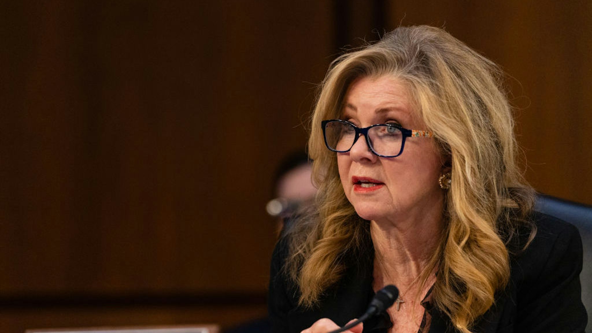 Senator Marsha Blackburn, a Republican from Tennessee, speaks during a Senate Judiciary Committee confirmation hearing for Ketanji Brown Jackson, associate justice of the U.S. Supreme Court nominee for U.S. President Joe Biden, in Washington, D.C., U.S., on Wednesday, March 23, 2022. Jackson held her own against a barrage of Republican attacks centering on crime and race, inching closer to becoming the first Black woman on the Supreme Court in a marathon day of testimony before a Senate panel yesterday. Photographer: Eric Lee/Bloomberg