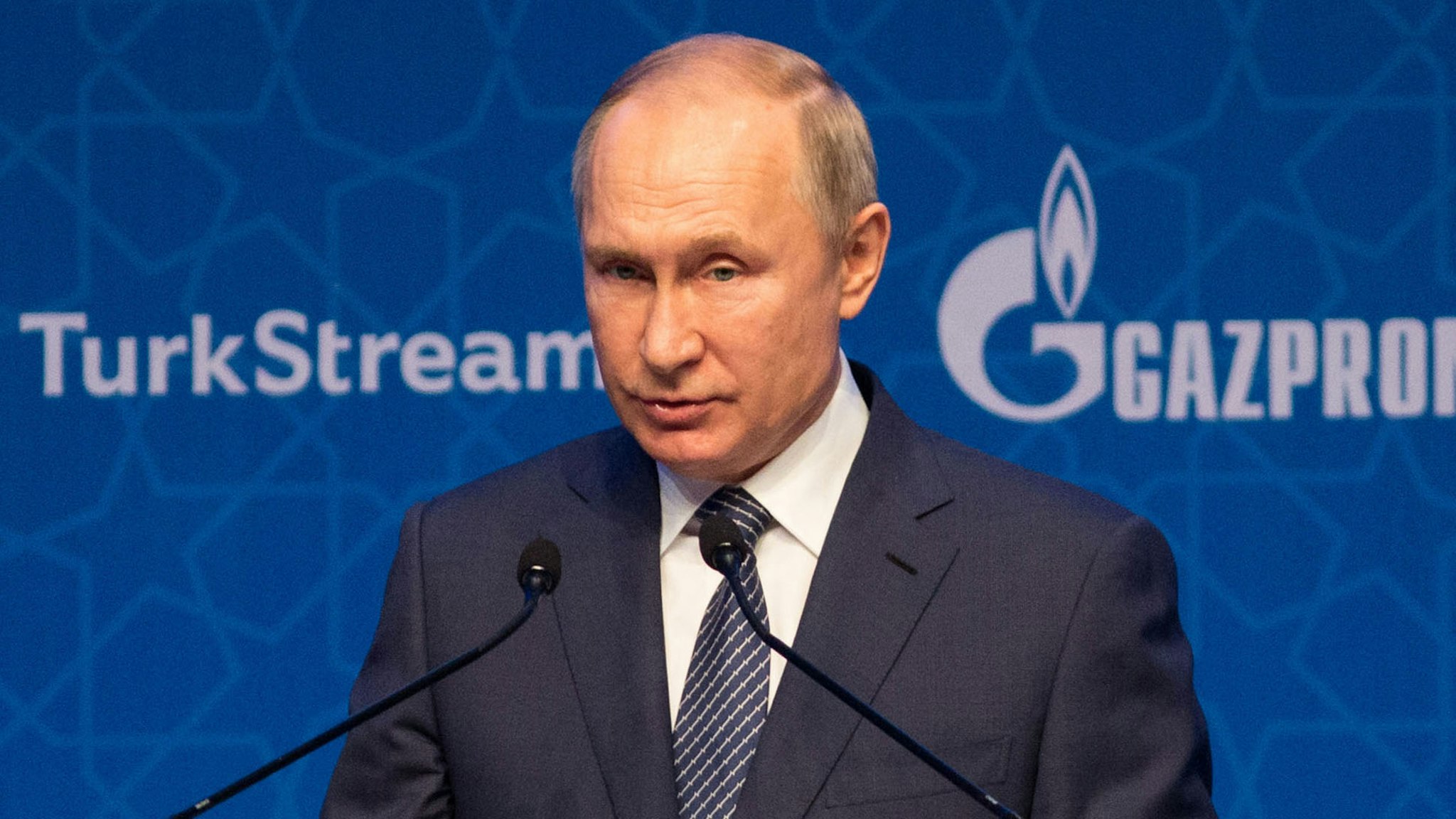Vladimir Putin, Russia's president, speaks during the inauguration ceremony for the TurkStream natural gas pipeline, operated by Gazprom PJSC and Botas AS, in Istanbul, Turkey, on Wednesday, Jan. 8, 2020. TurkStream is set to carry Russian gas under the Black Sea to Turkey and supply several countries in southeast Europe once fully operational, just as U.S. sanctions stall another Gazprom PJSC export line.