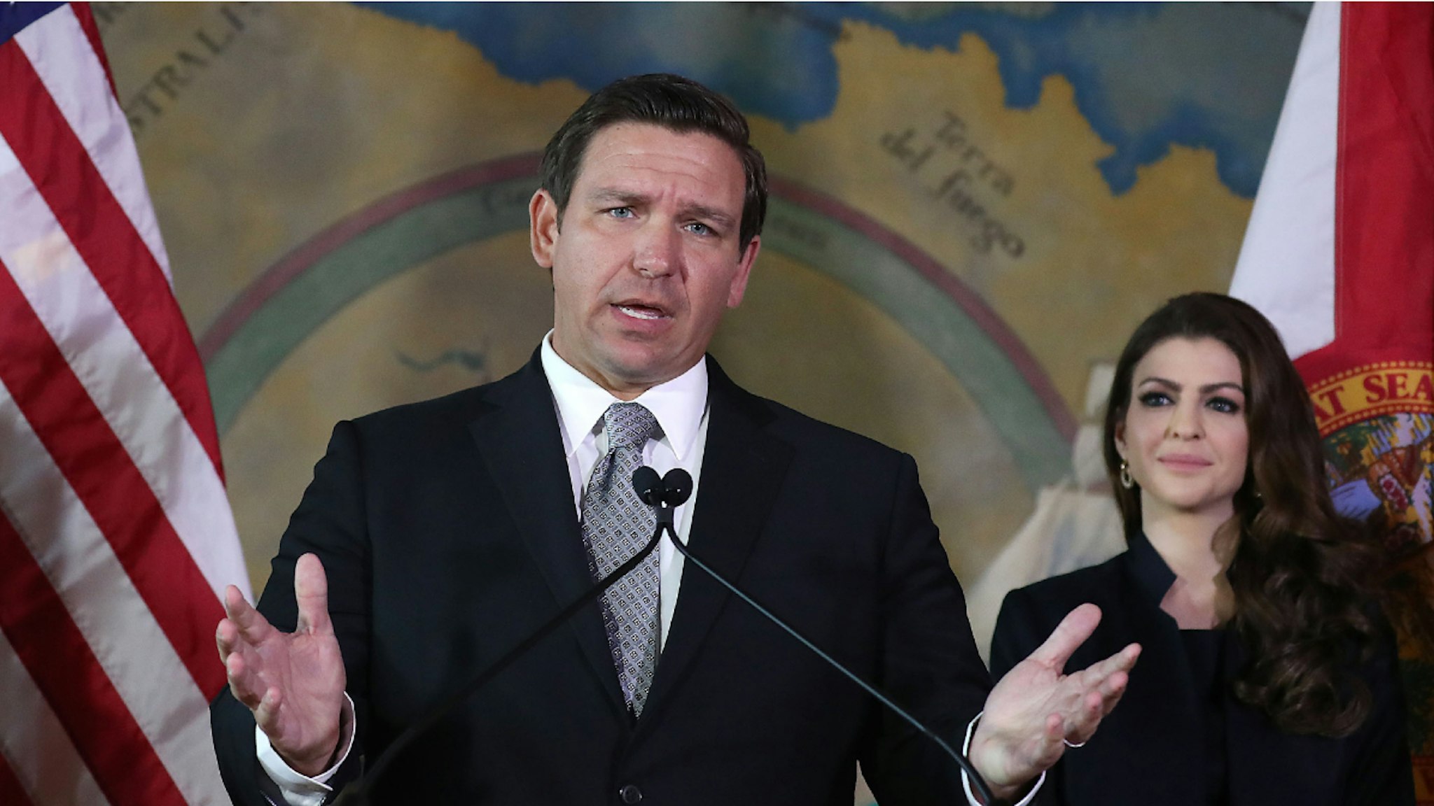 MIAMI, FLORIDA - JANUARY 09: Newly sworn-in Gov. Ron DeSantis speaks, as his wife Casey DeSantis stands near him, during an event at the Freedom Tower where he named Barbara Lagoa to the Florida Supreme Court on January 09, 2019 in Miami, Florida. Mr. DeSantis was sworn in yesterday as the 46th governor of the state of Florida.