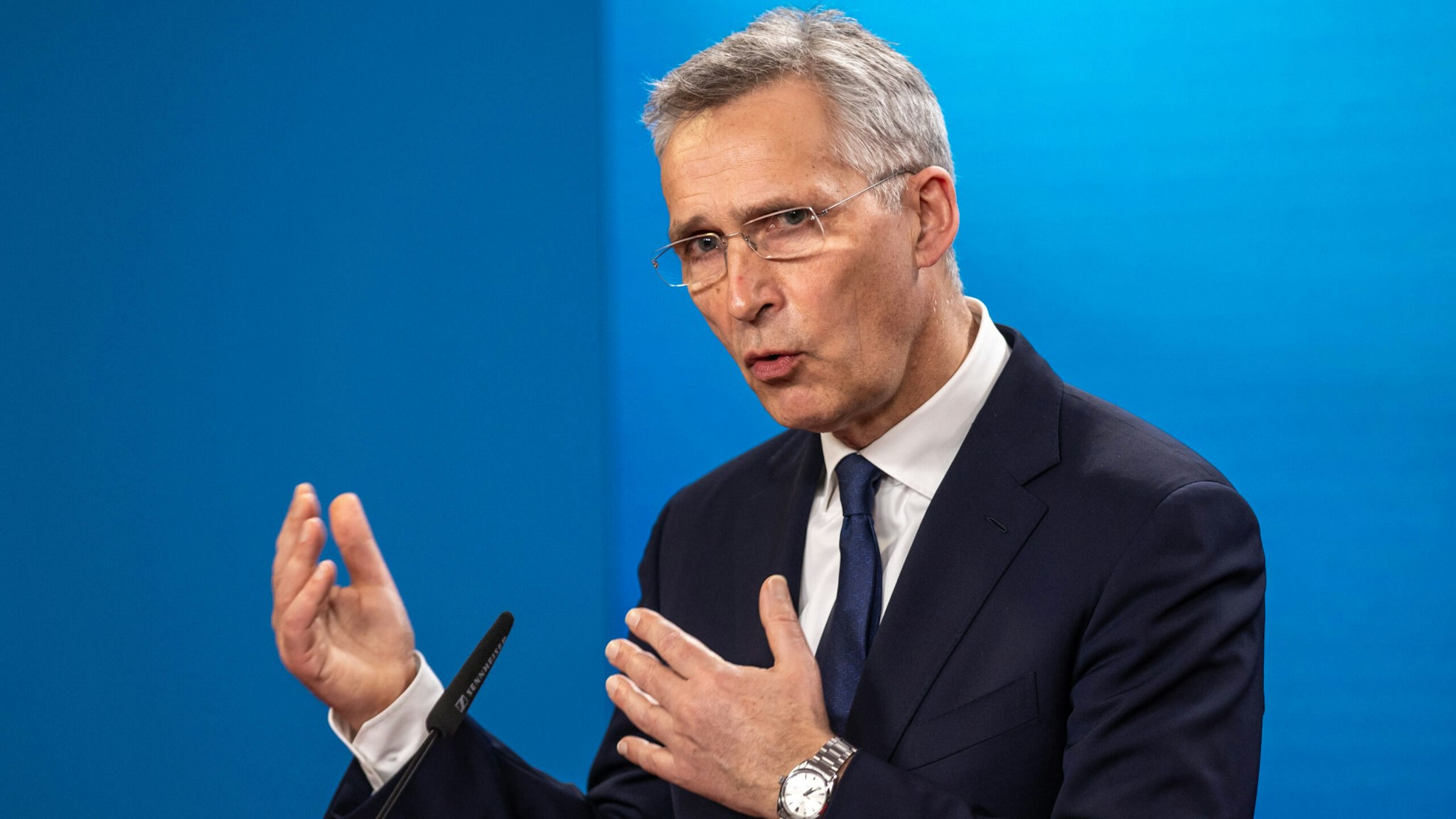 BERLIN, GERMANY - MARCH 17: NATO Secretary General Jens Stoltenberg speaks during a press meeting ahead of a joint meeting with Foreign Minister Annalena Baerbock at the Federal Foreign Office on March 17, 2022 in Berlin, Germany.