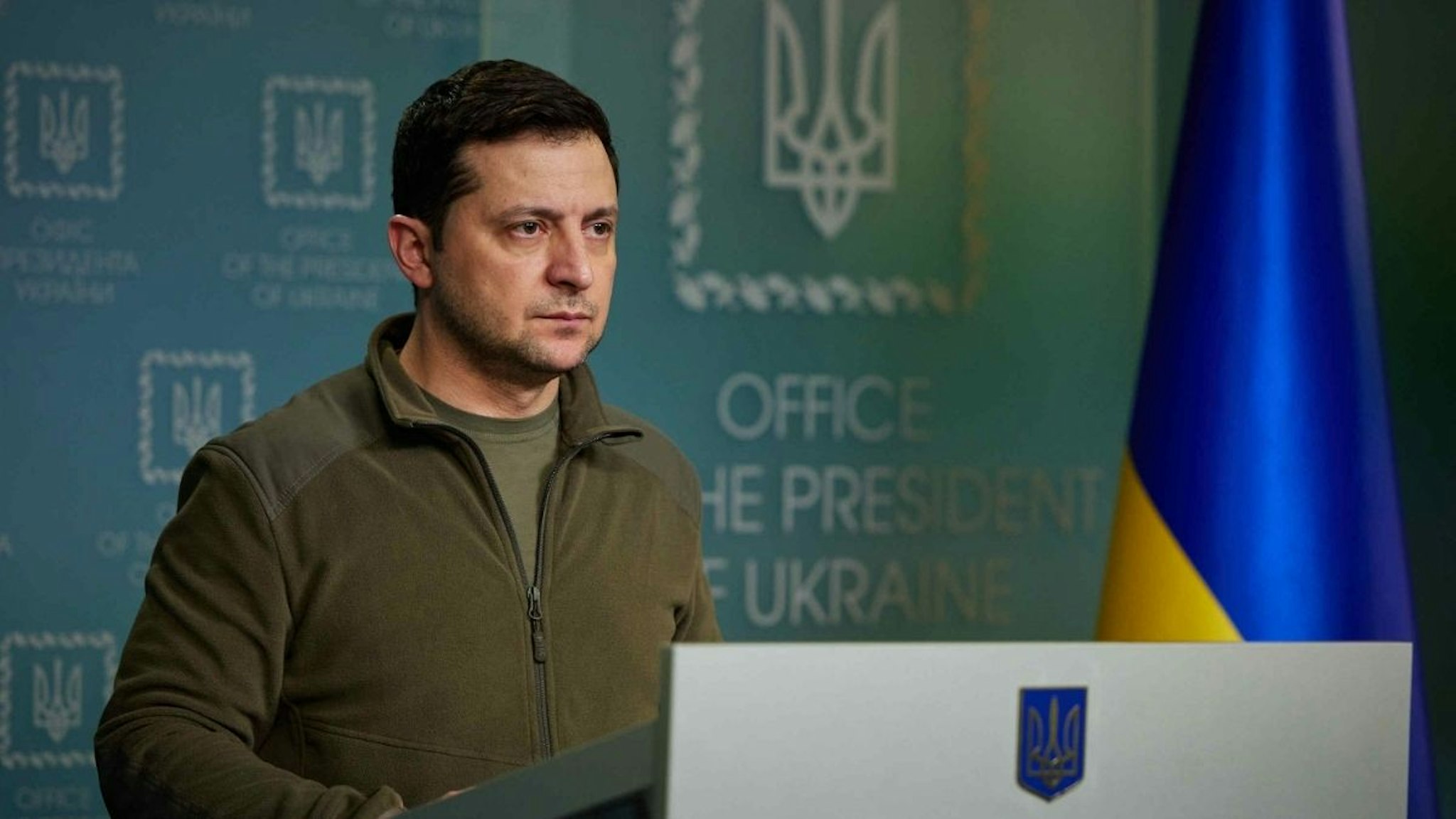 Ukraine's President Volodymyr Zelenskyy holds a press conference on Russia's military operation in Ukraine, on February 25, 2022 in Kyiv.