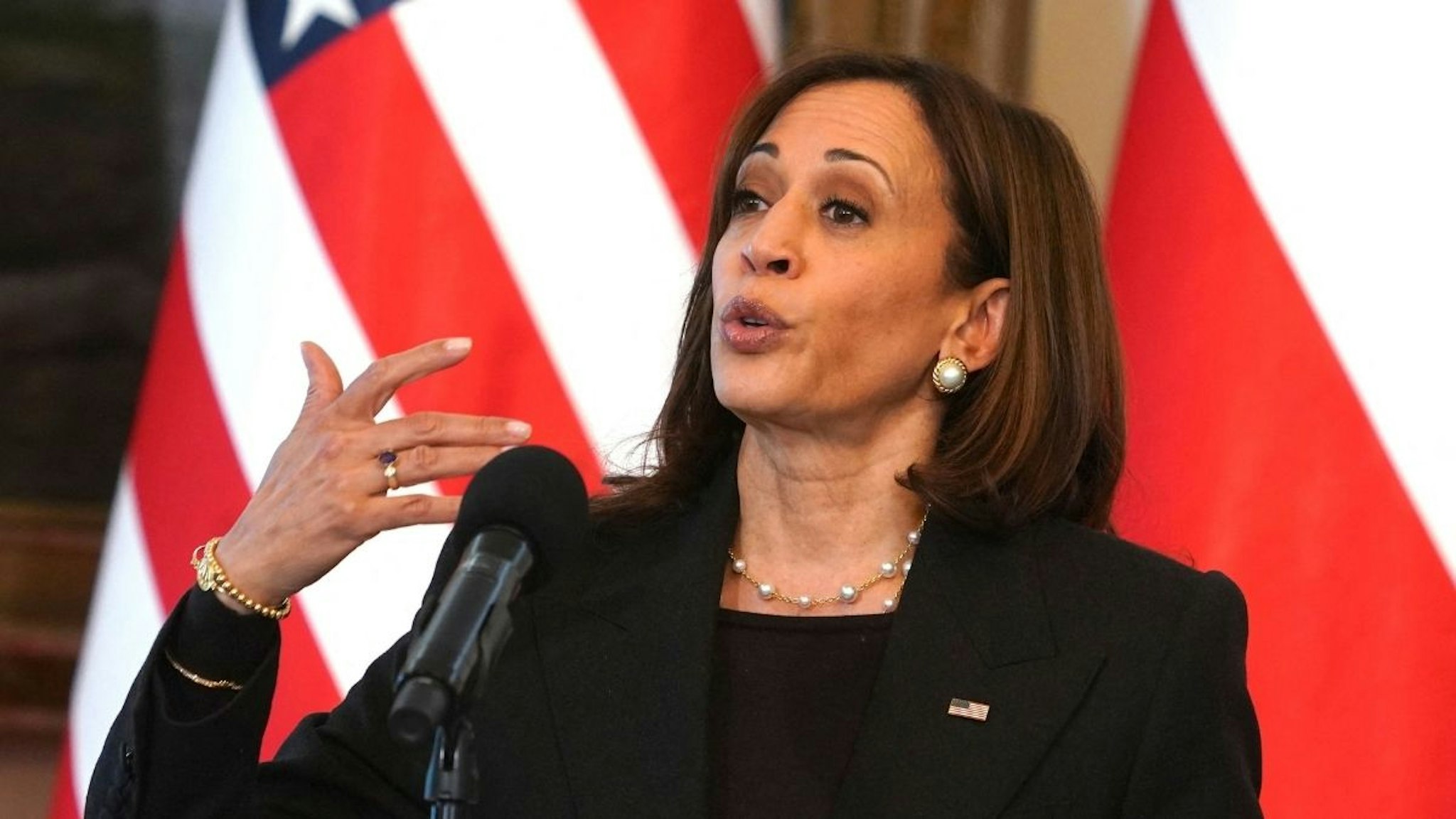 US Vice President Kamala Harris speaks during a press conference with the Polish President at Belwelder Palace in Warsaw, Poland, March 10, 2022.