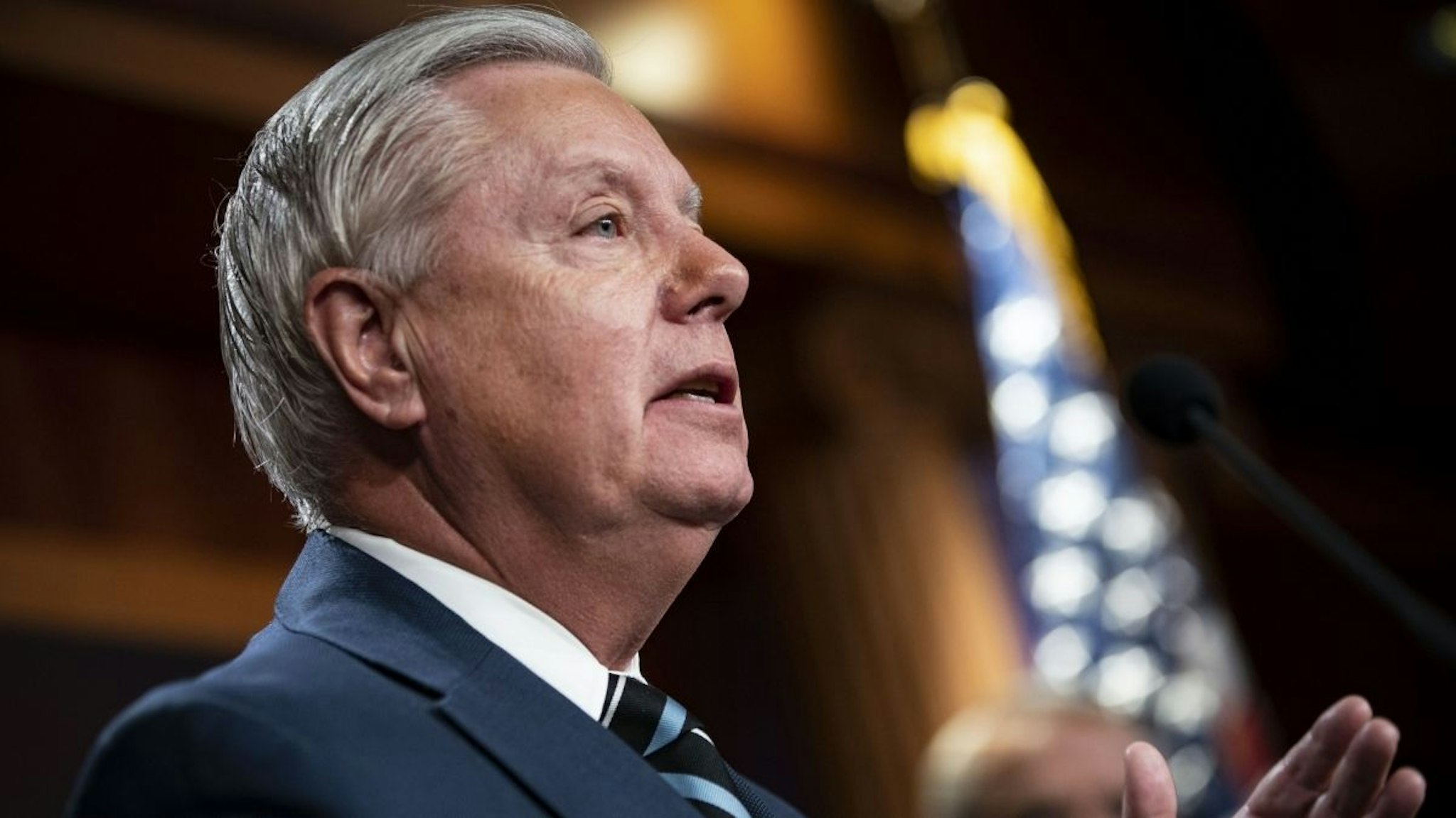 Senator Lindsey Graham, a Republican from South Carolina, speaks about the Russian invasion of Ukraine during a news conference at the U.S. Capitol in Washington, D.C., U.S., on Wednesday, March 2, 2022.