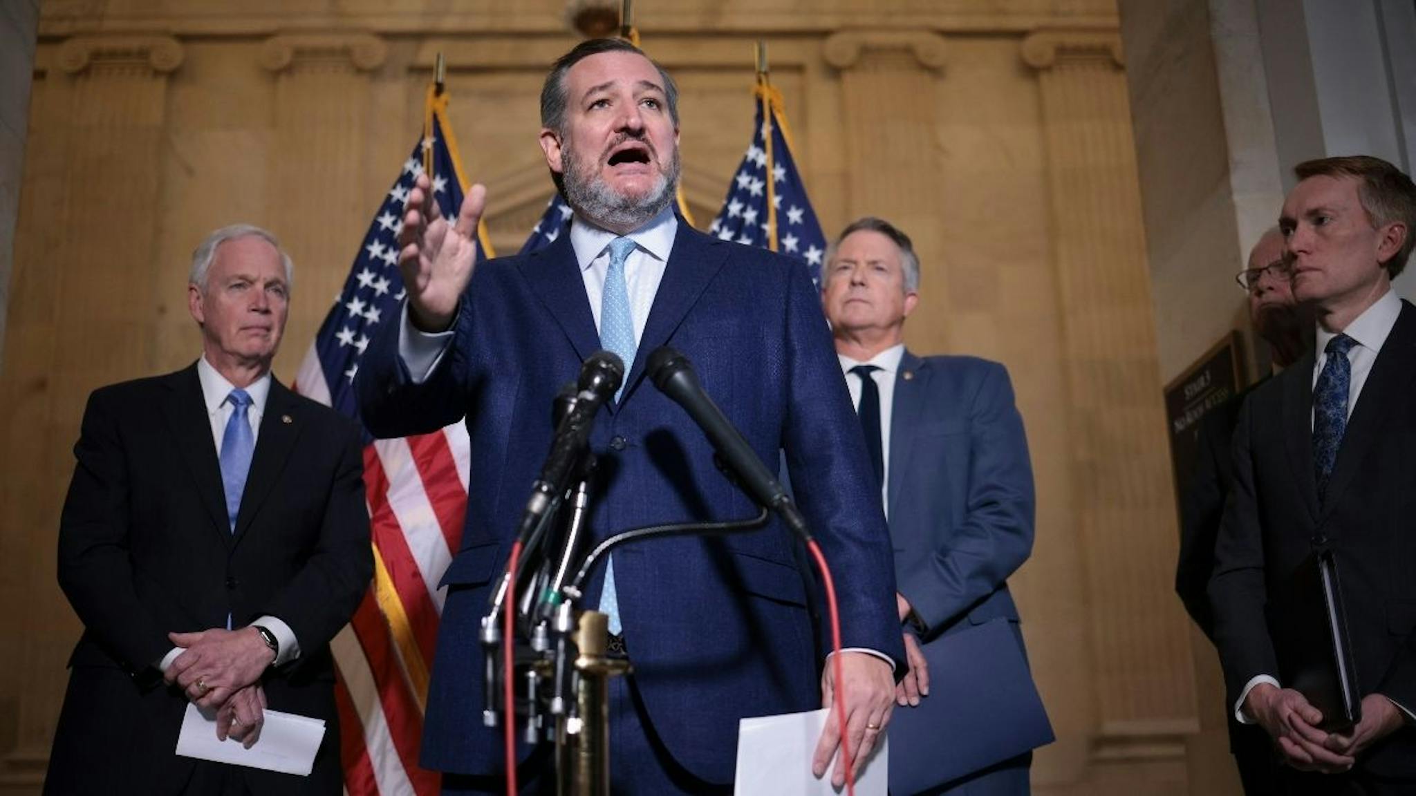 Ted Cruz Sen. Ted Cruz (R-TX) speaks during a press conference on Capitol Hill on February 09, 2022 in Washington, DC.