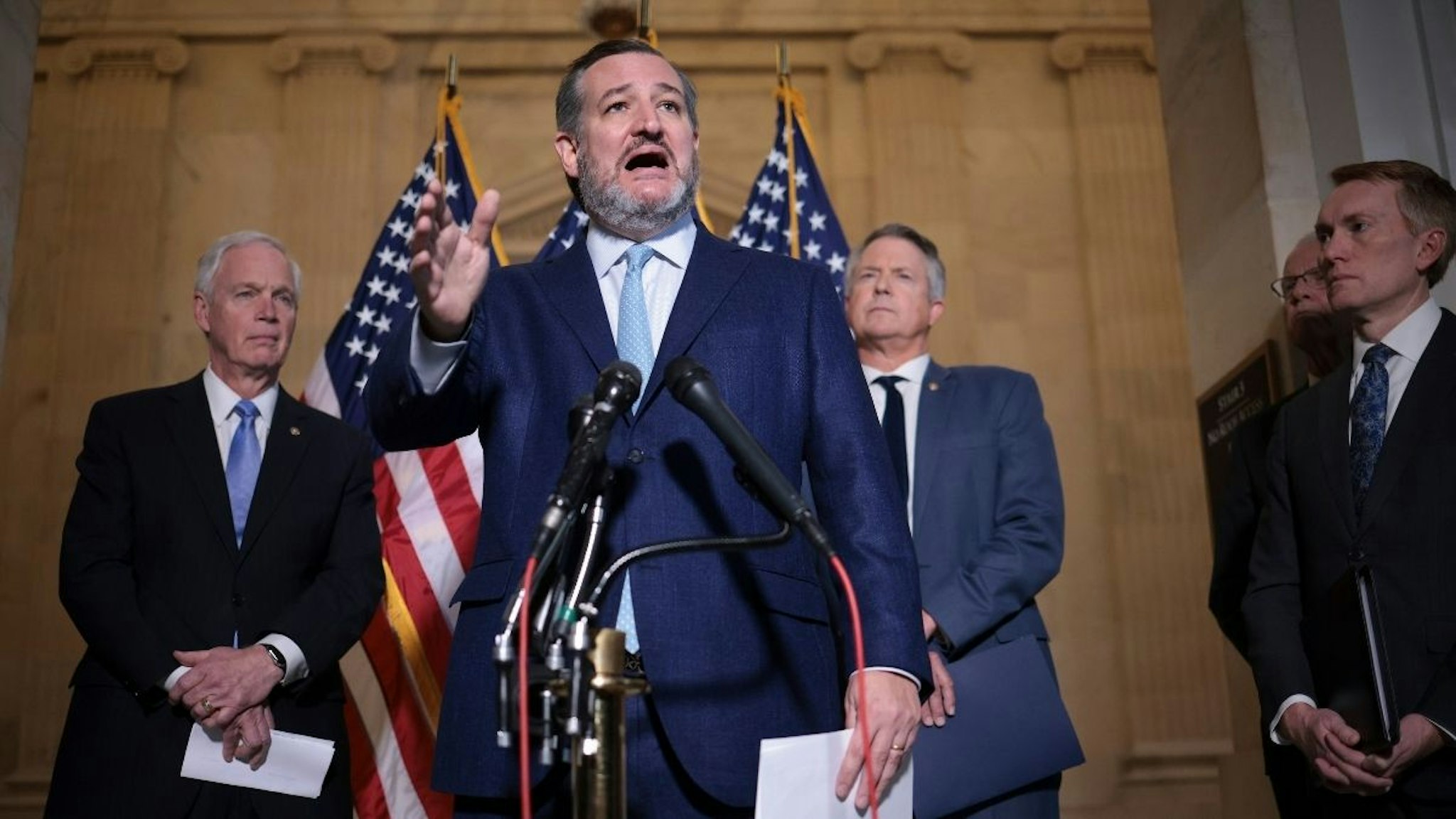 Sen. Ted Cruz (R-TX) speaks during a press conference on Capitol Hill on February 09, 2022 in Washington, DC.
