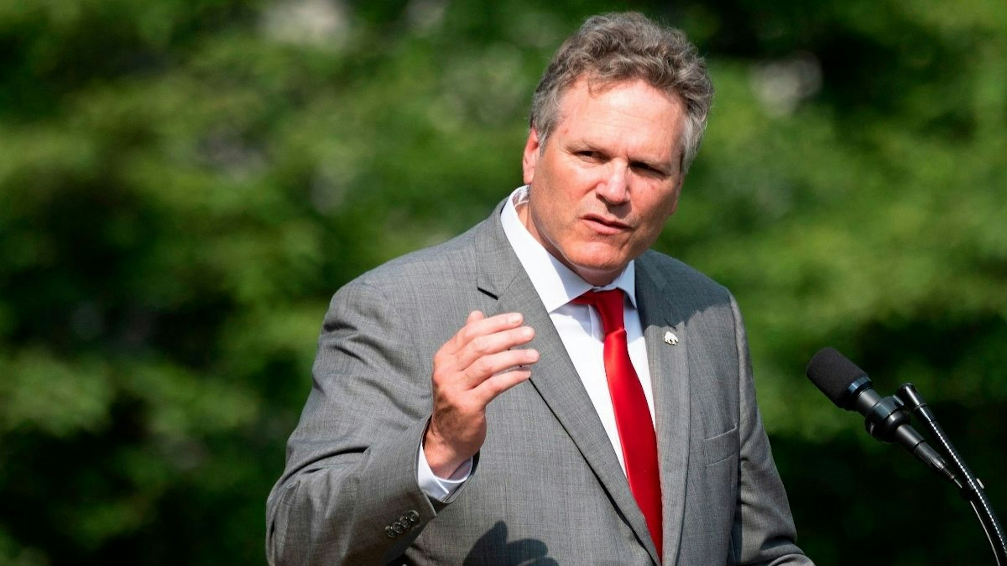 Alaska Governor Mike Dunleavy (R-AK) speaks at the White House in Washington, DC, on July 16, 2020, during an event on Rolling Back Regulations to Help All Americans on the South Lawn at the White House on July 16, 2020 in Washington,DC.
