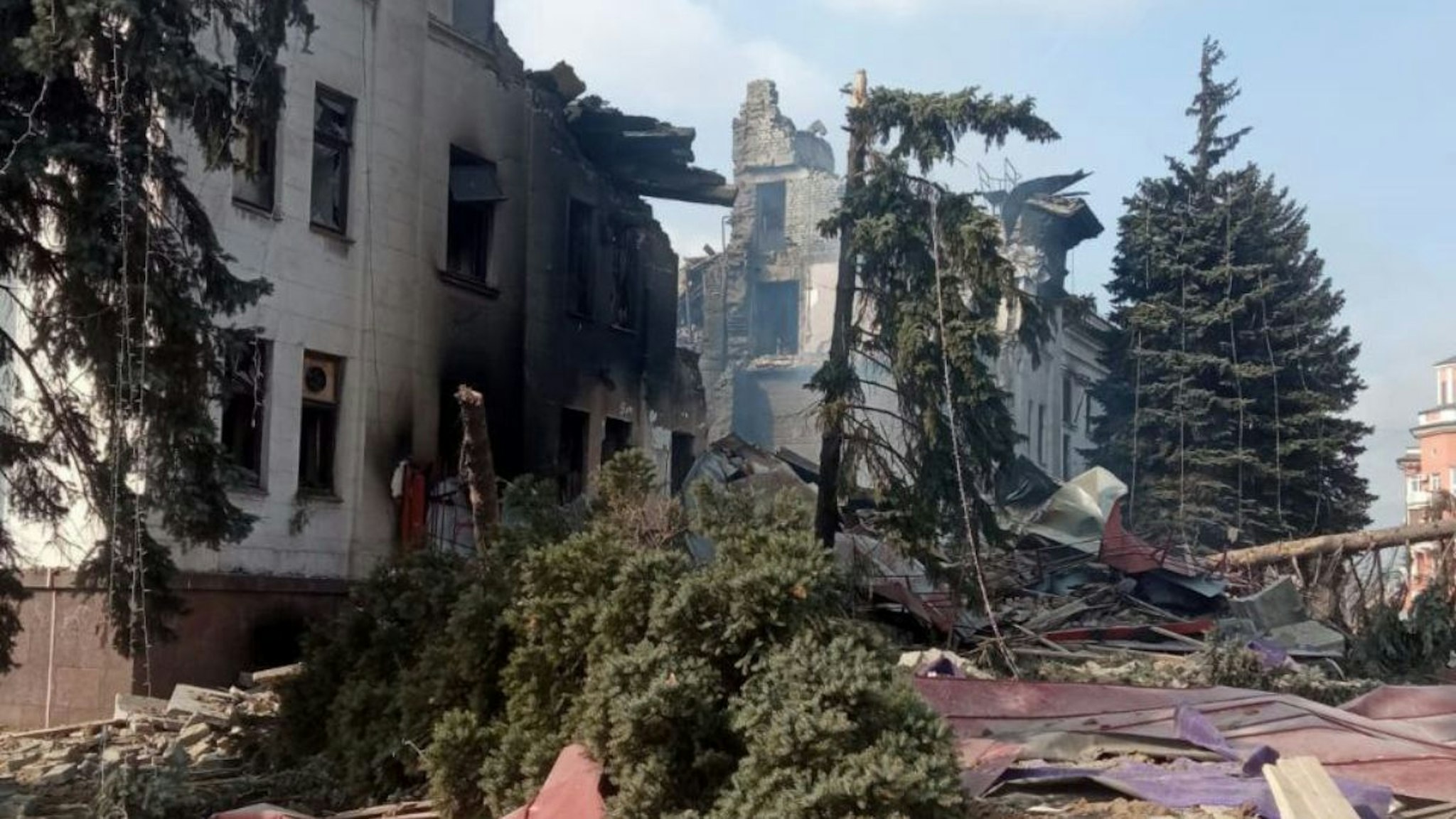A view of destroyed theatre hall, which was used as a shelter by civilians, after Russian bombardment in Mariupol, Ukraine on March 18, 2022.