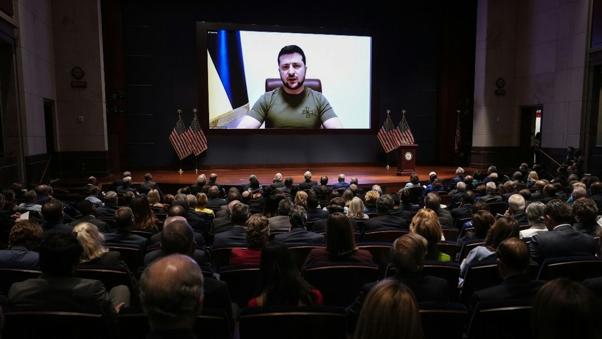 Volodymyr Zelenskiy, Ukraine's president, addressing members of Congress virtually at the U.S. Capitol in Washington, D.C., U.S., on Wednesday, March 16, 2022.