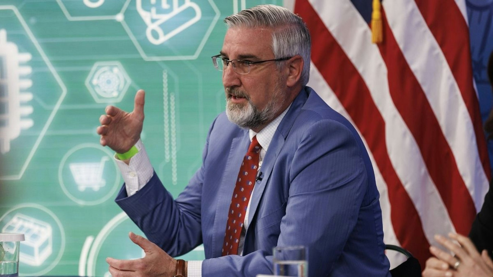 Eric Holcomb, governor of Indiana, speaks during a meeting with U.S. President Joe Biden, business leaders and governors in the Eisenhower Executive Office Building in Washington, D.C., U.S., on Wednesday, March 9, 2022.
