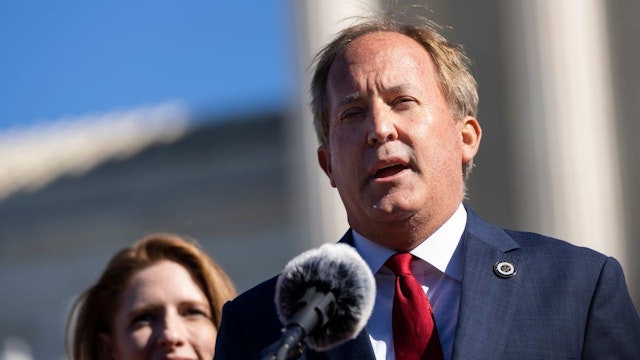Texas Attorney General Ken Paxton speaks outside the U.S. Supreme Court on November 01, 2021 in Washington, DC.