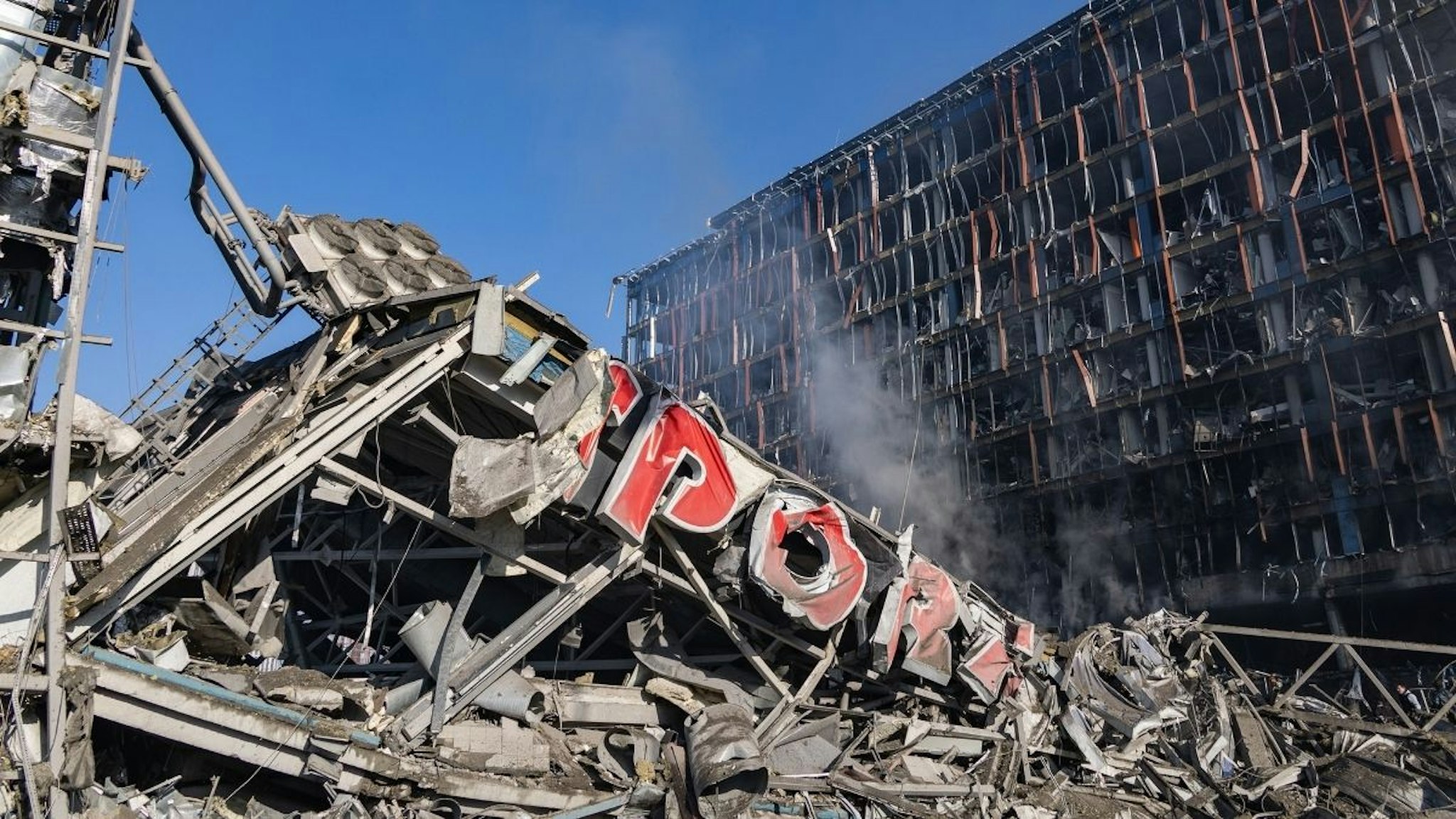 A view of the aftermath of the Retroville shopping mall following a Russian shelling attack which killed Eight people on March 21, 2022 in Kyiv, Ukraine.